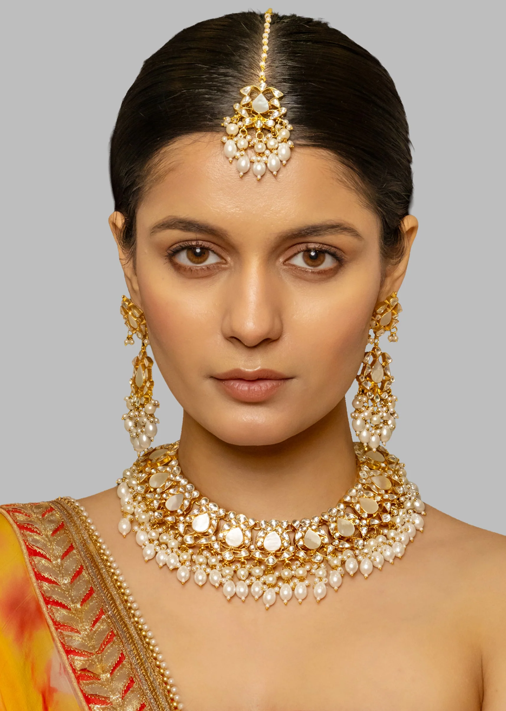 White Kundan Bridal Necklace Set With Polki Diamond Shine - Image 2