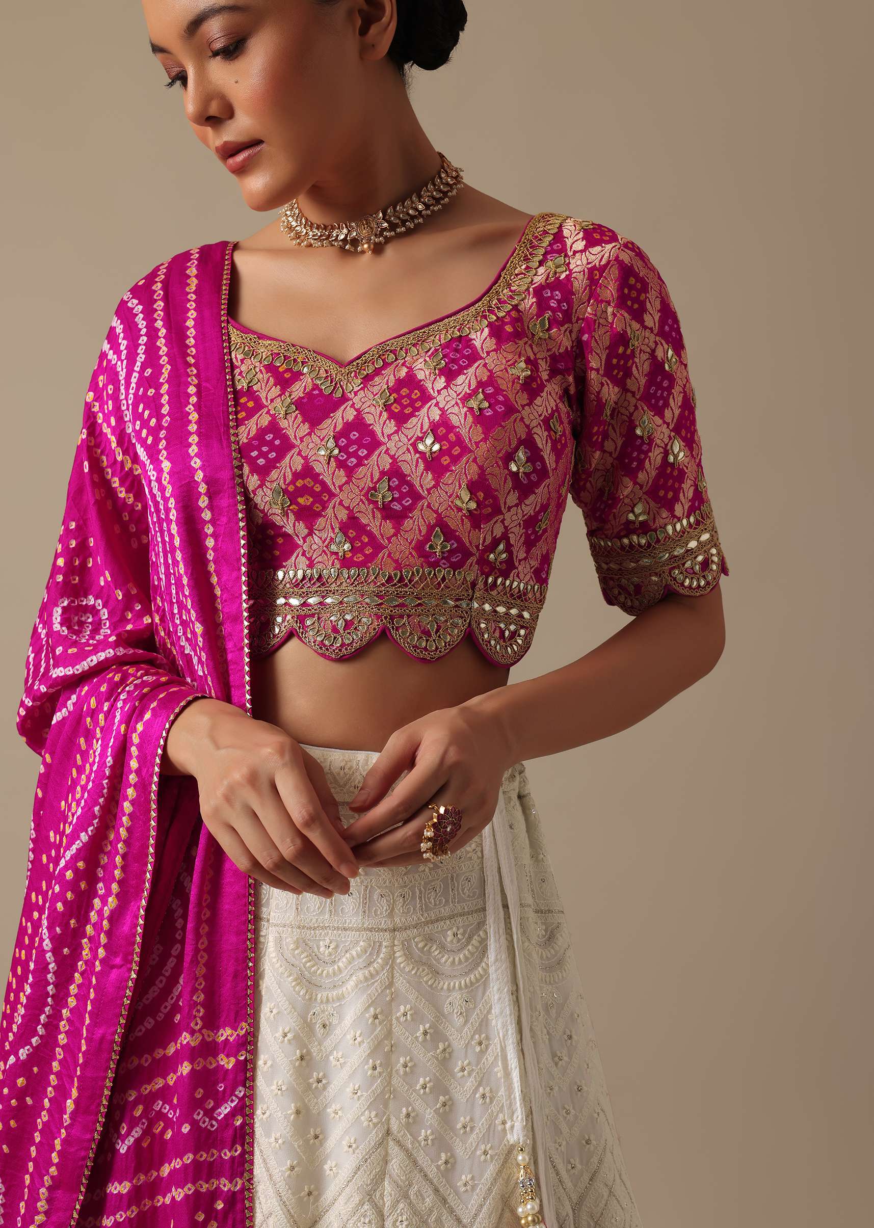 White Lehenga Set With Lucknowi Work - Image 4