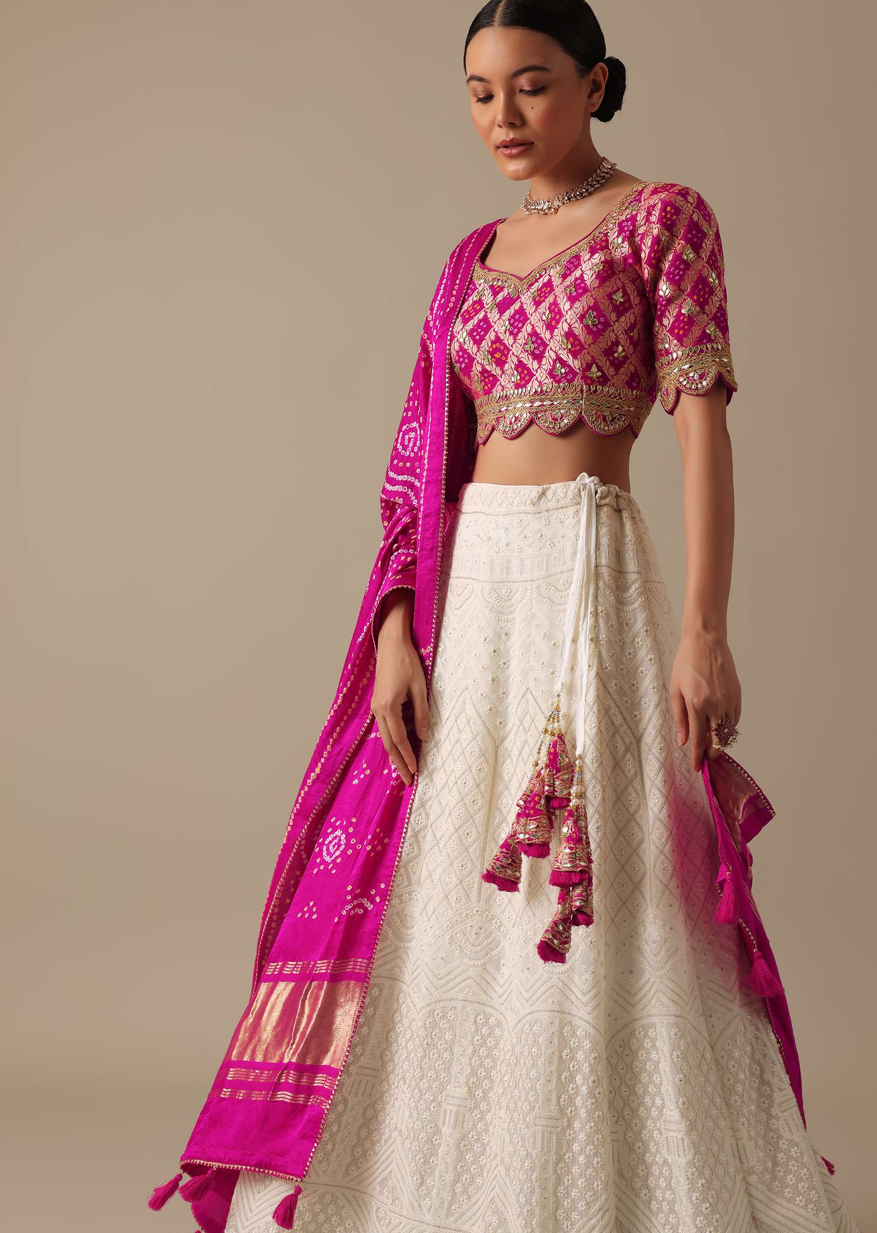 White Lehenga Set With Lucknowi Work - Image 5
