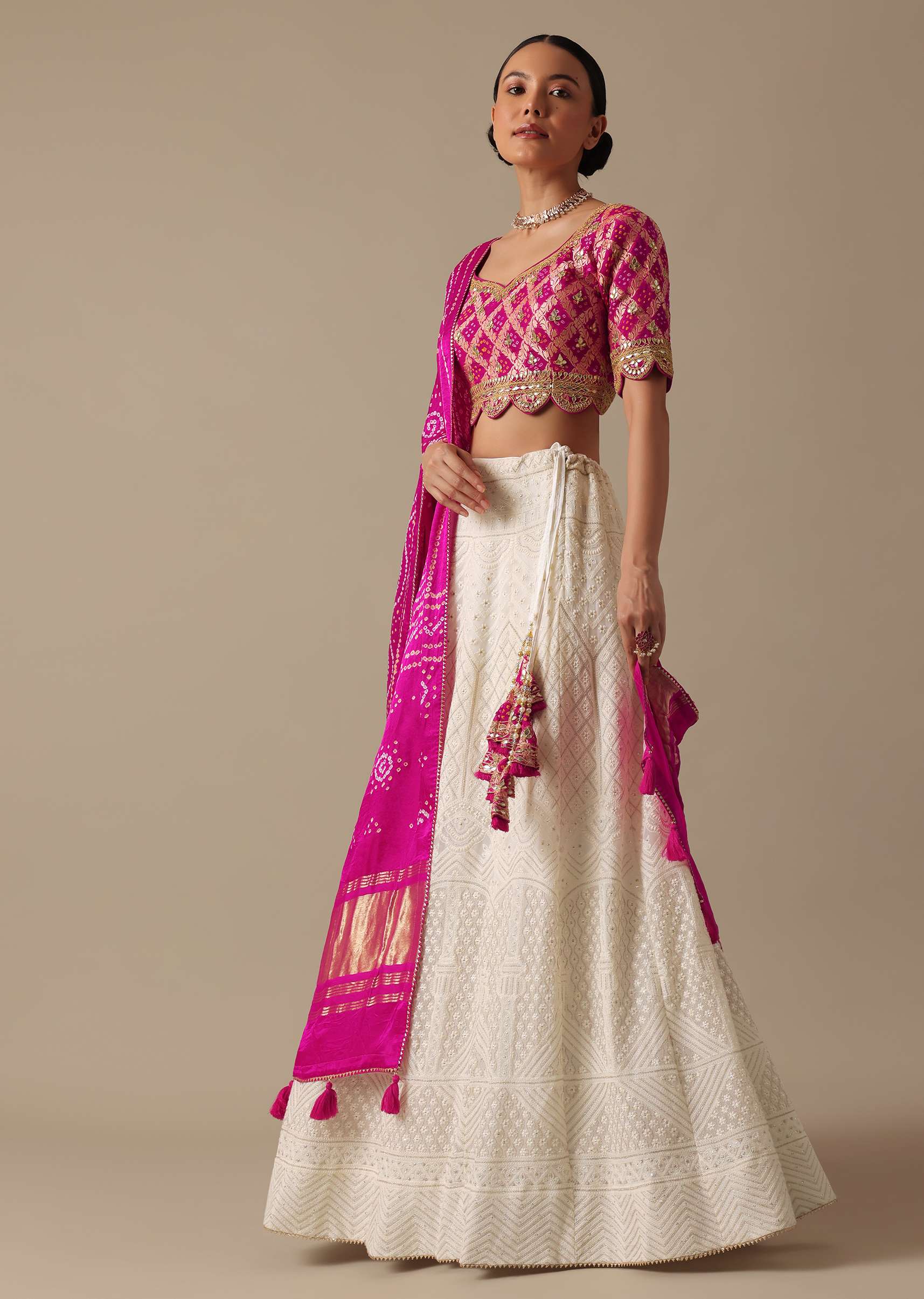 White Lehenga Set With Lucknowi Work - Image 6
