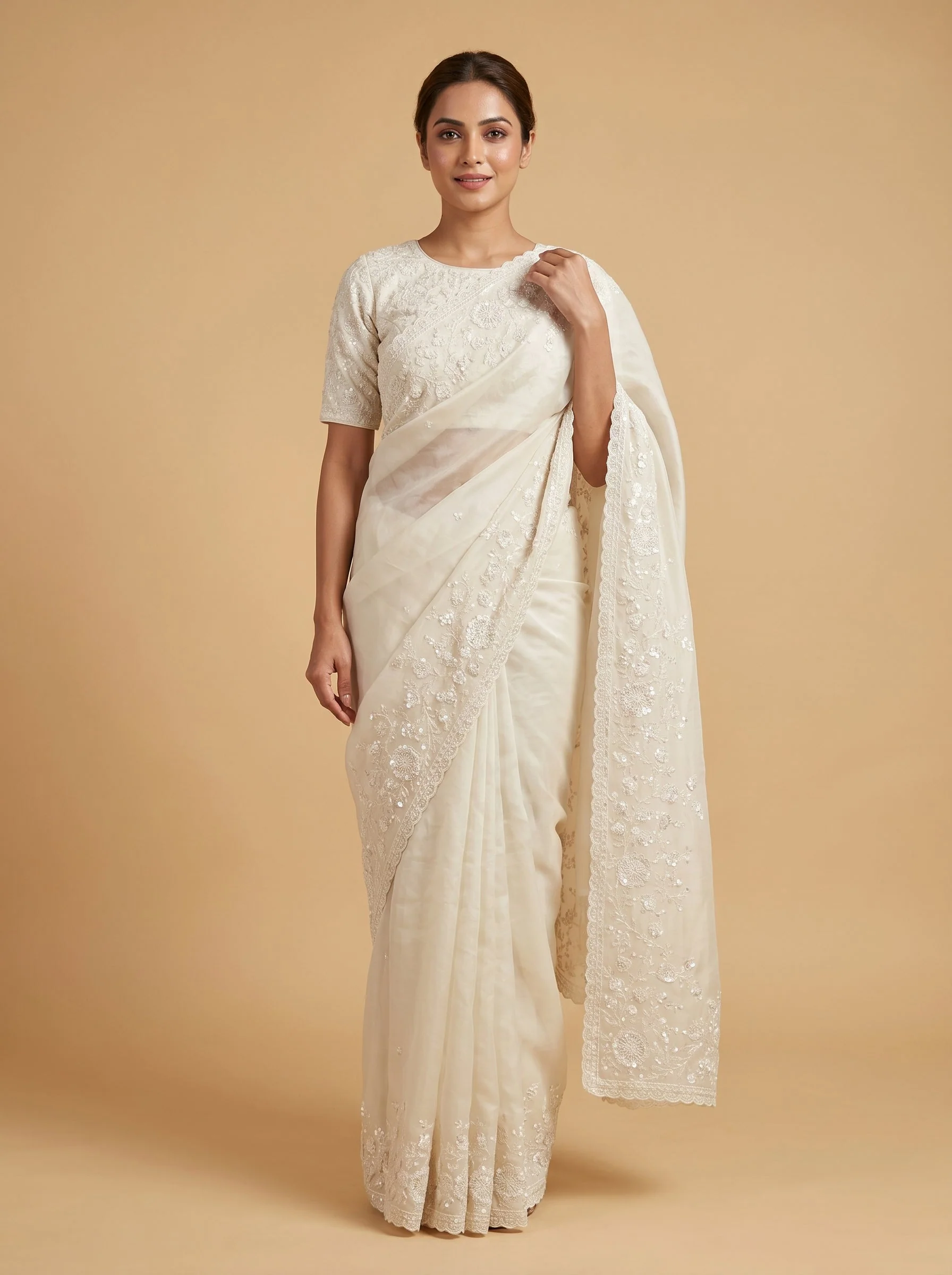 White Minimal Embroidered Saree