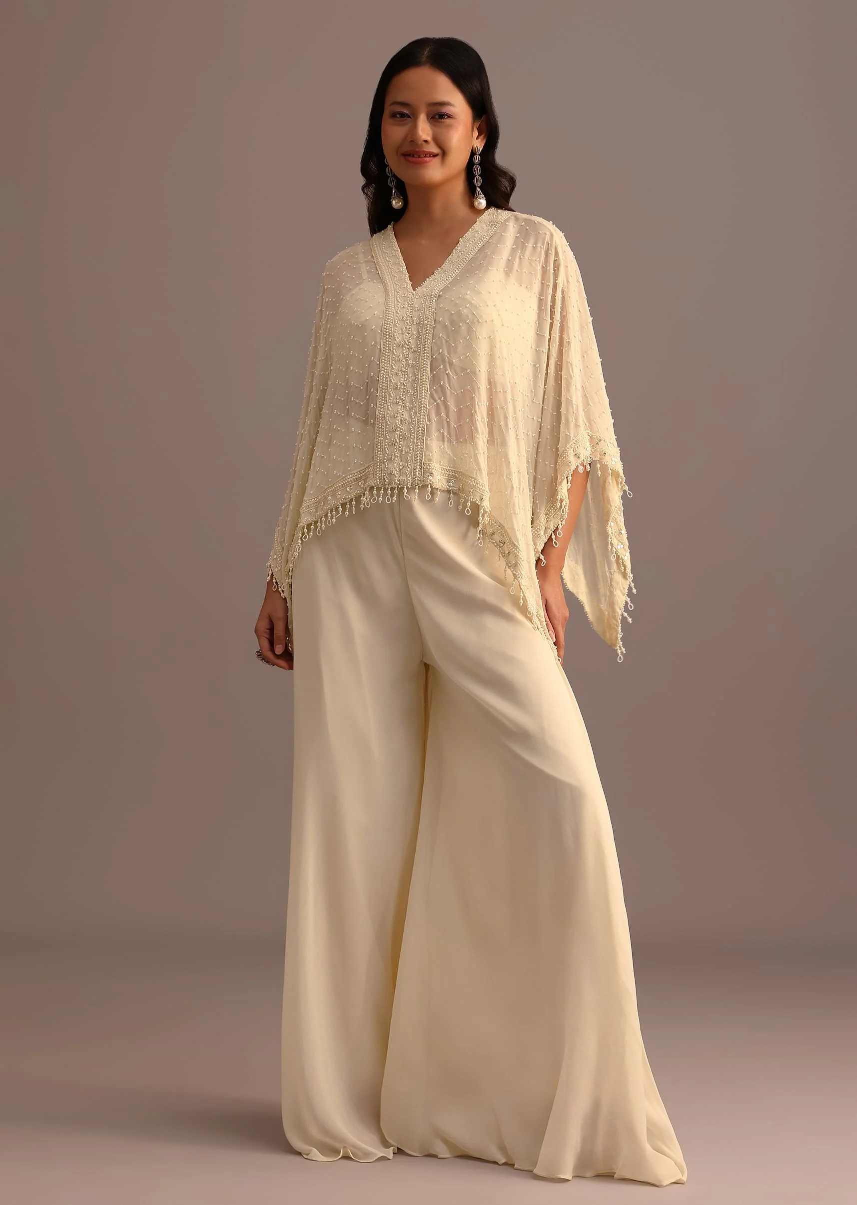 White Moti Work Croptop Palazzo Set With Cape