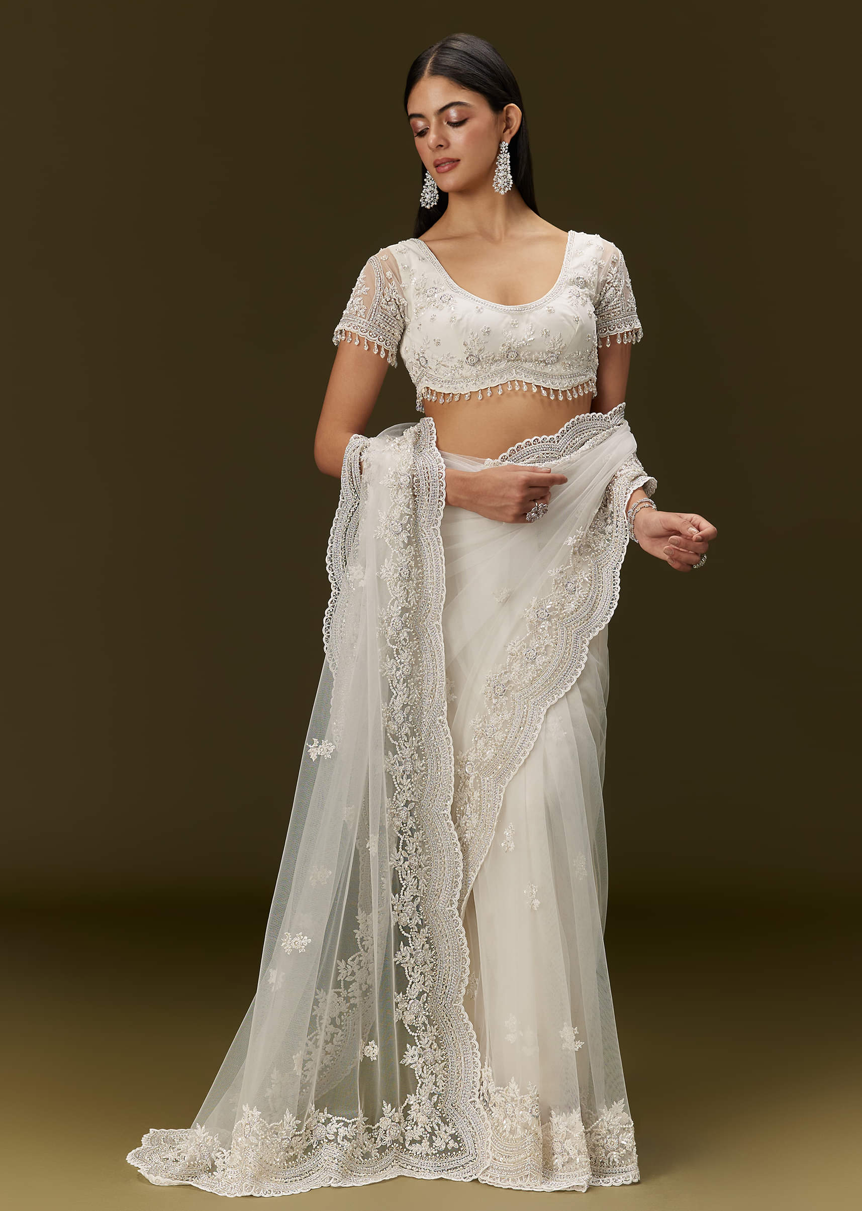 White Net Saree With All Over Embroidery - Image 5