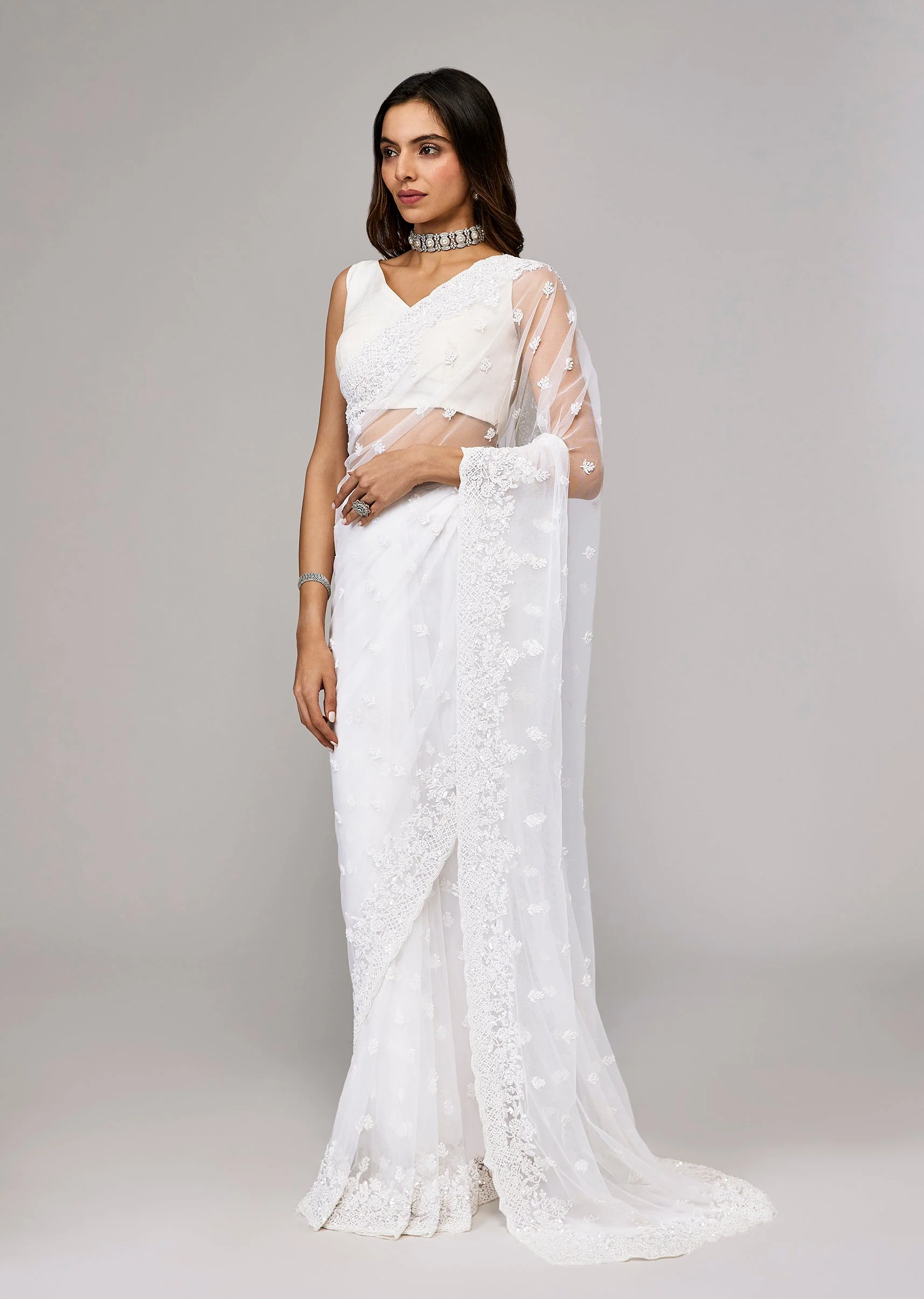 White Net Saree With Embroidered Butti Work