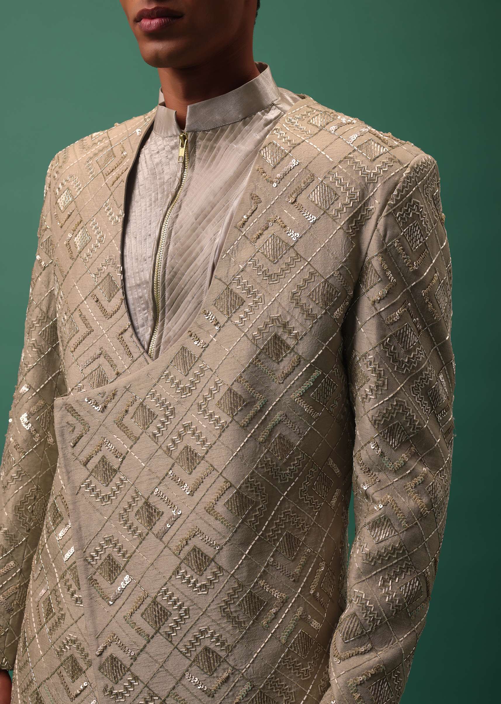 White Organza Kurta And Fusing Pants Set With Heavy Embroidered Overlapping Jacket - Image 4