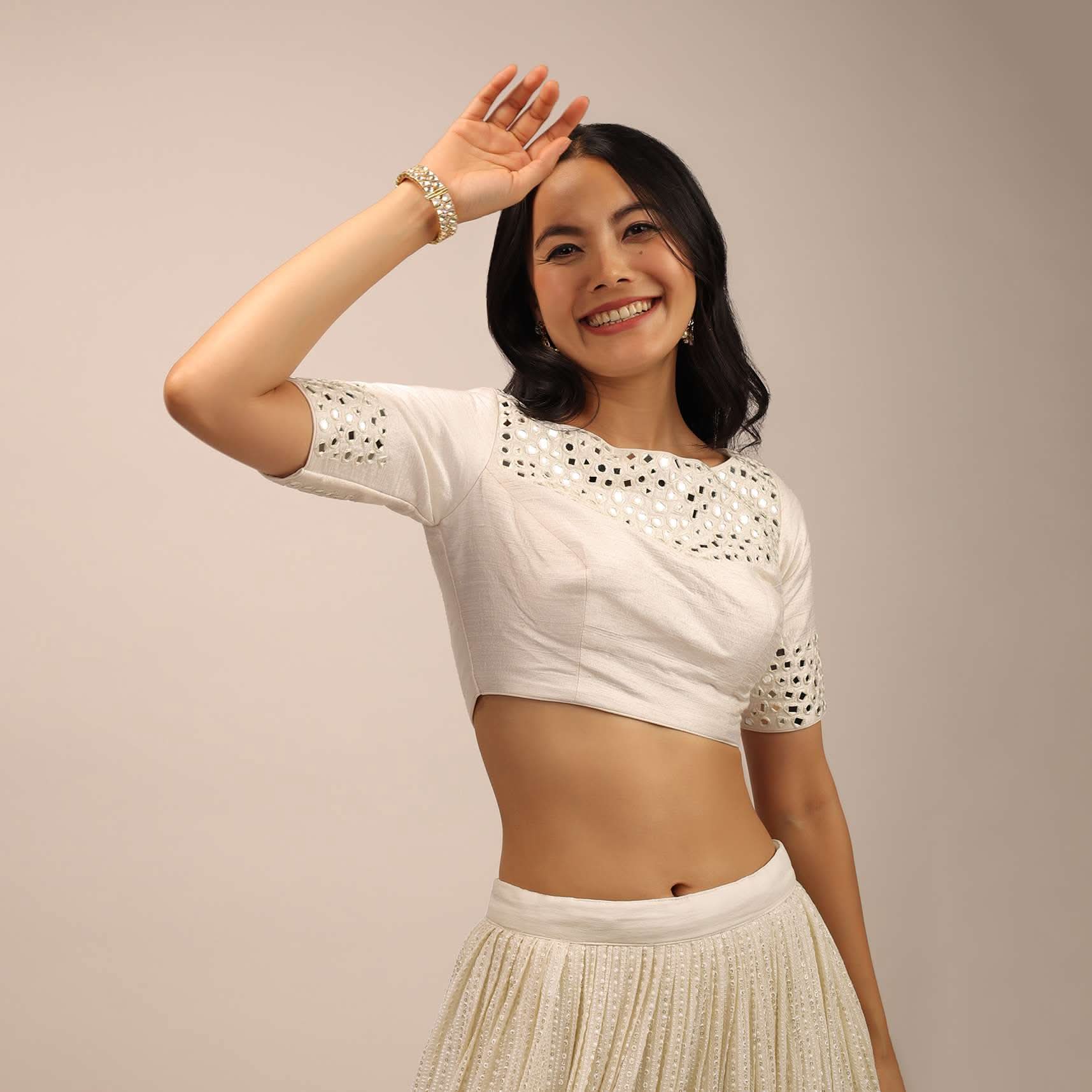 White Padded Blouse With Mirror Work And Half Sleeves - Image 3