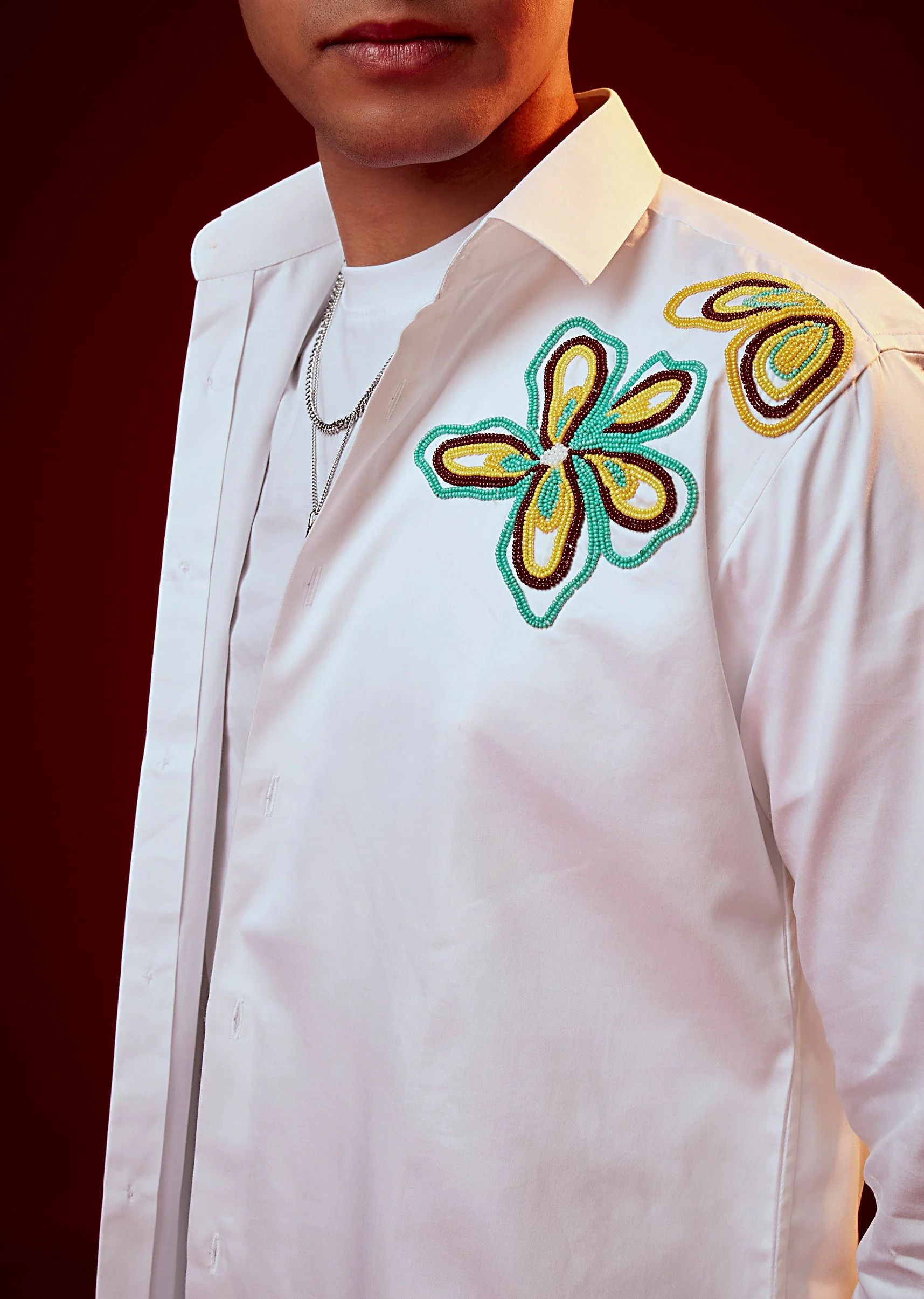 White Patch Work Embellished Party Shirt - Image 2