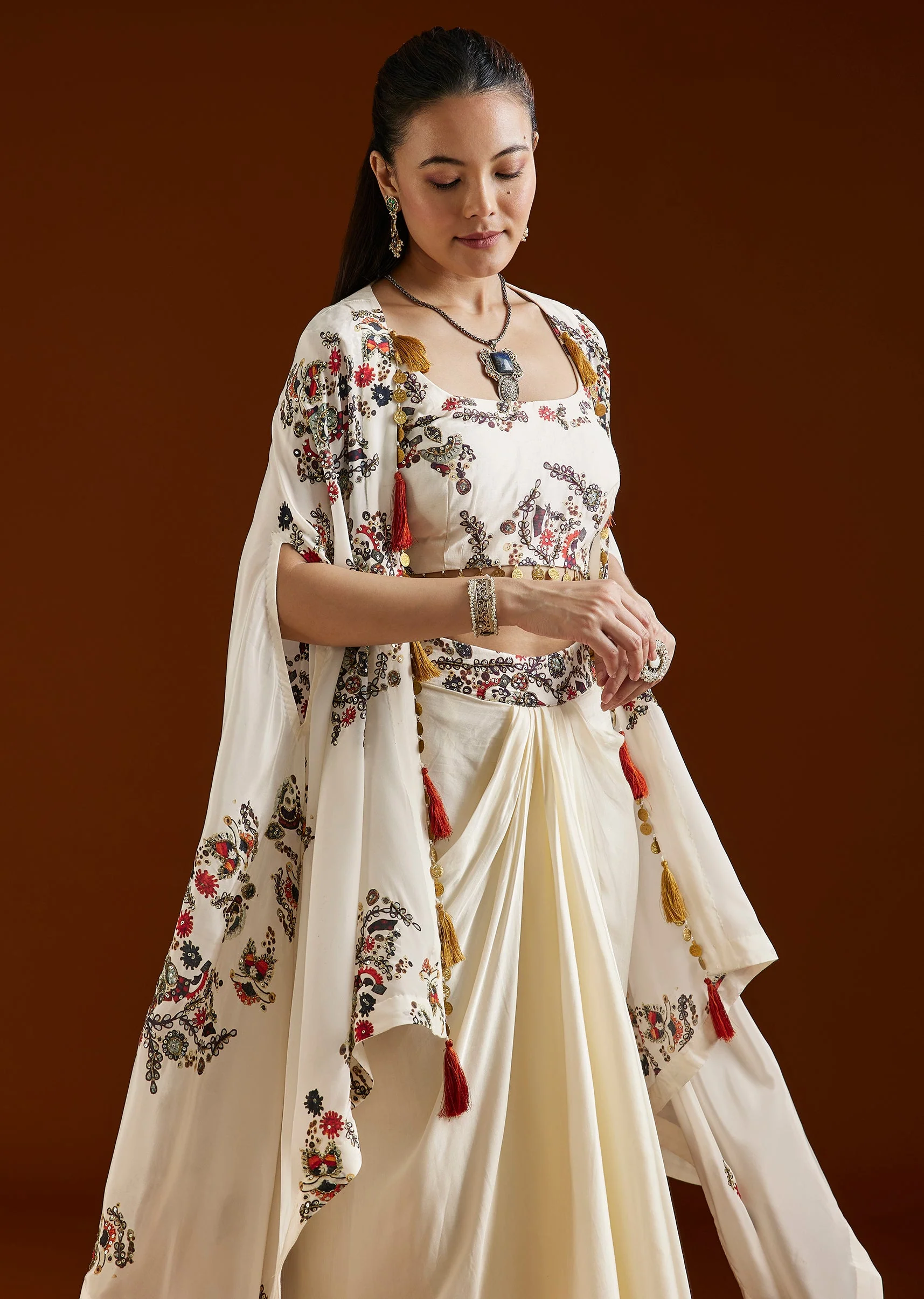 White Printed Crepe Cape Drape Skirt Set - Image 4