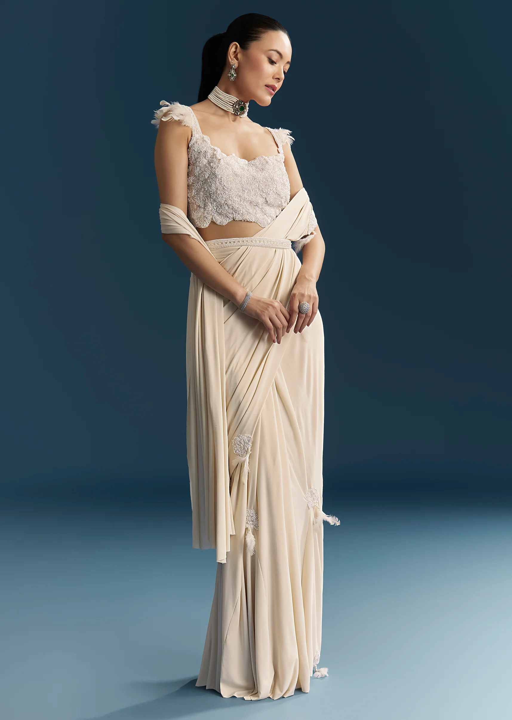 White Ready Pleated Saree With Cutdana Work