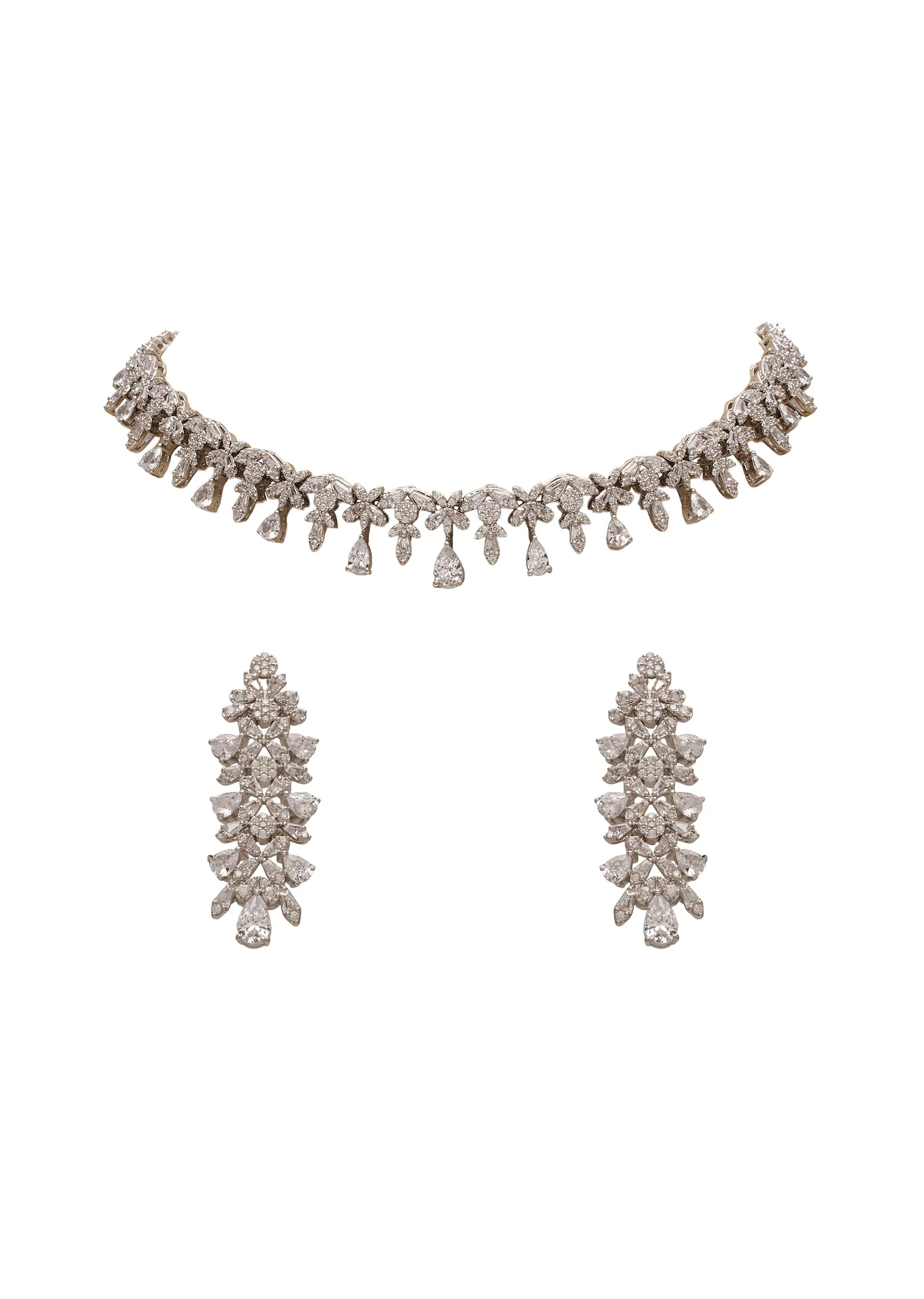 White Rhodium Statement Choker Necklace Set