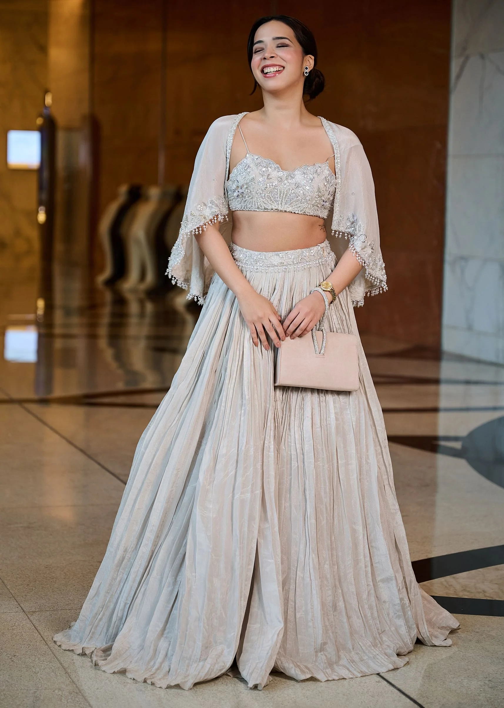 White Ruched Lehenga With Spaghetti Blouse And Cape - Image 4