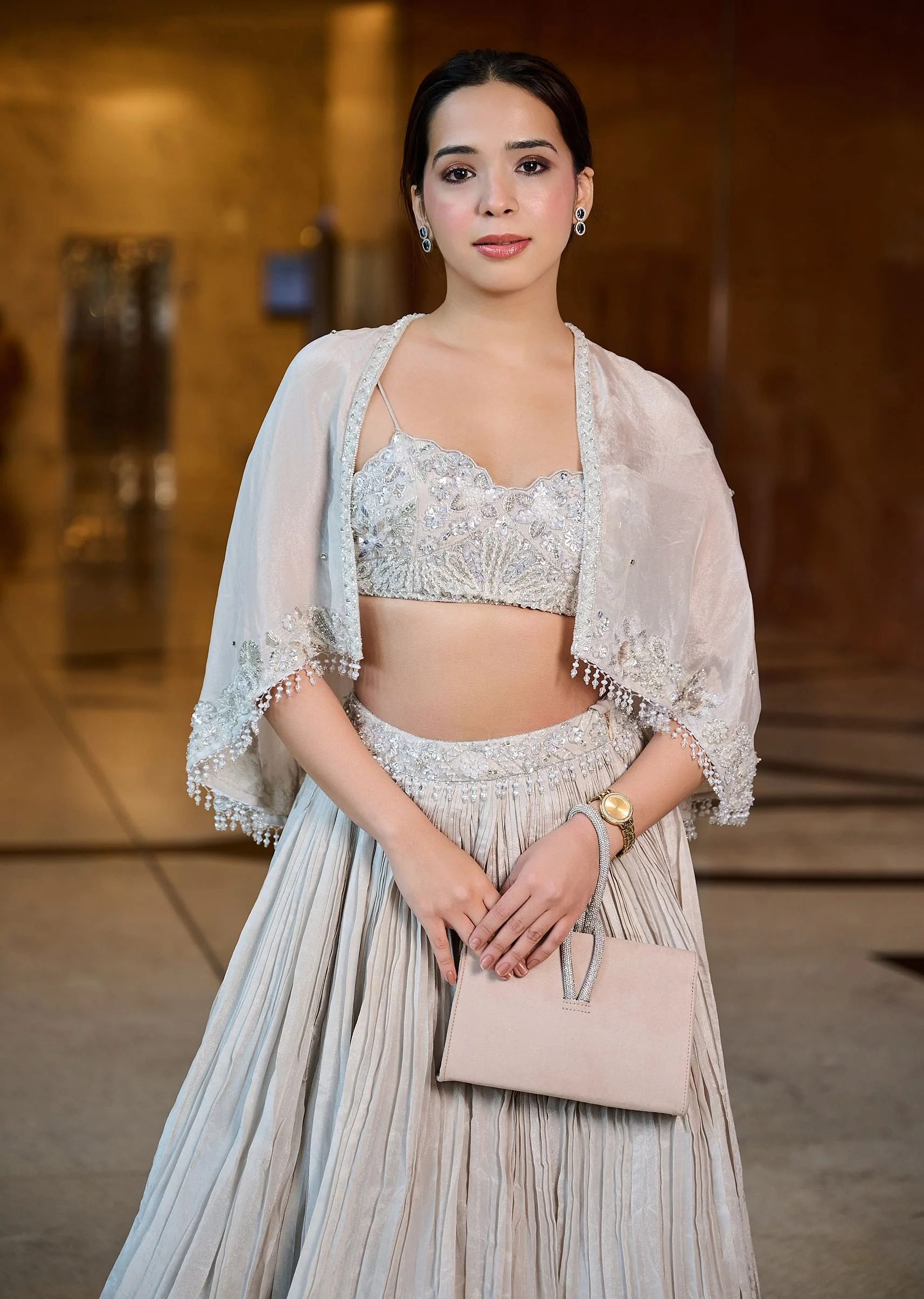 White Ruched Lehenga With Spaghetti Blouse And Cape - Image 5