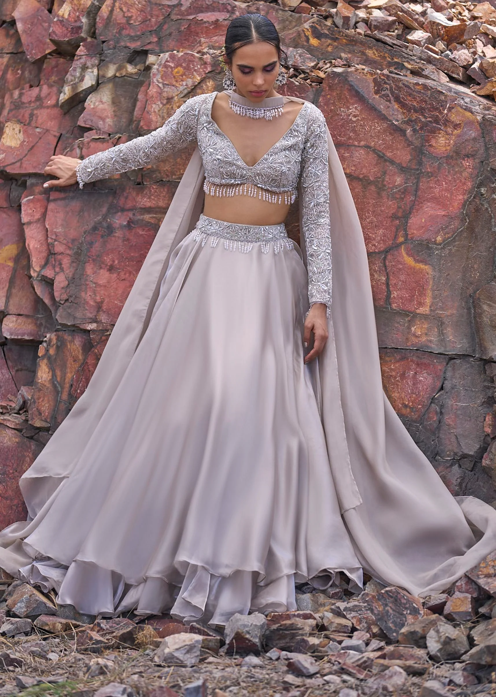 White Ruffle Lehenga With Blouse And Choker Dupatta - Image 6