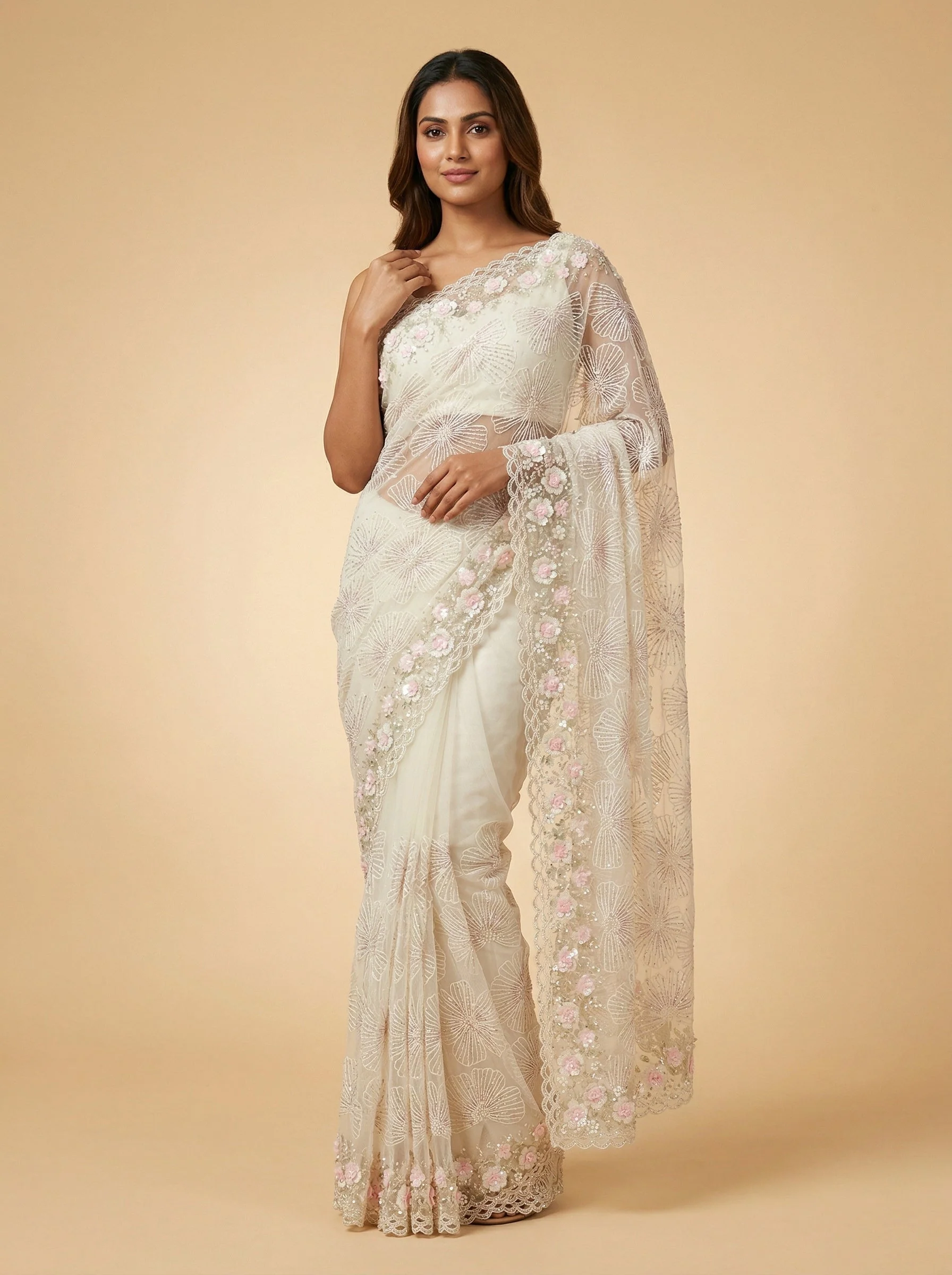 White Sharp Embroidered Saree
