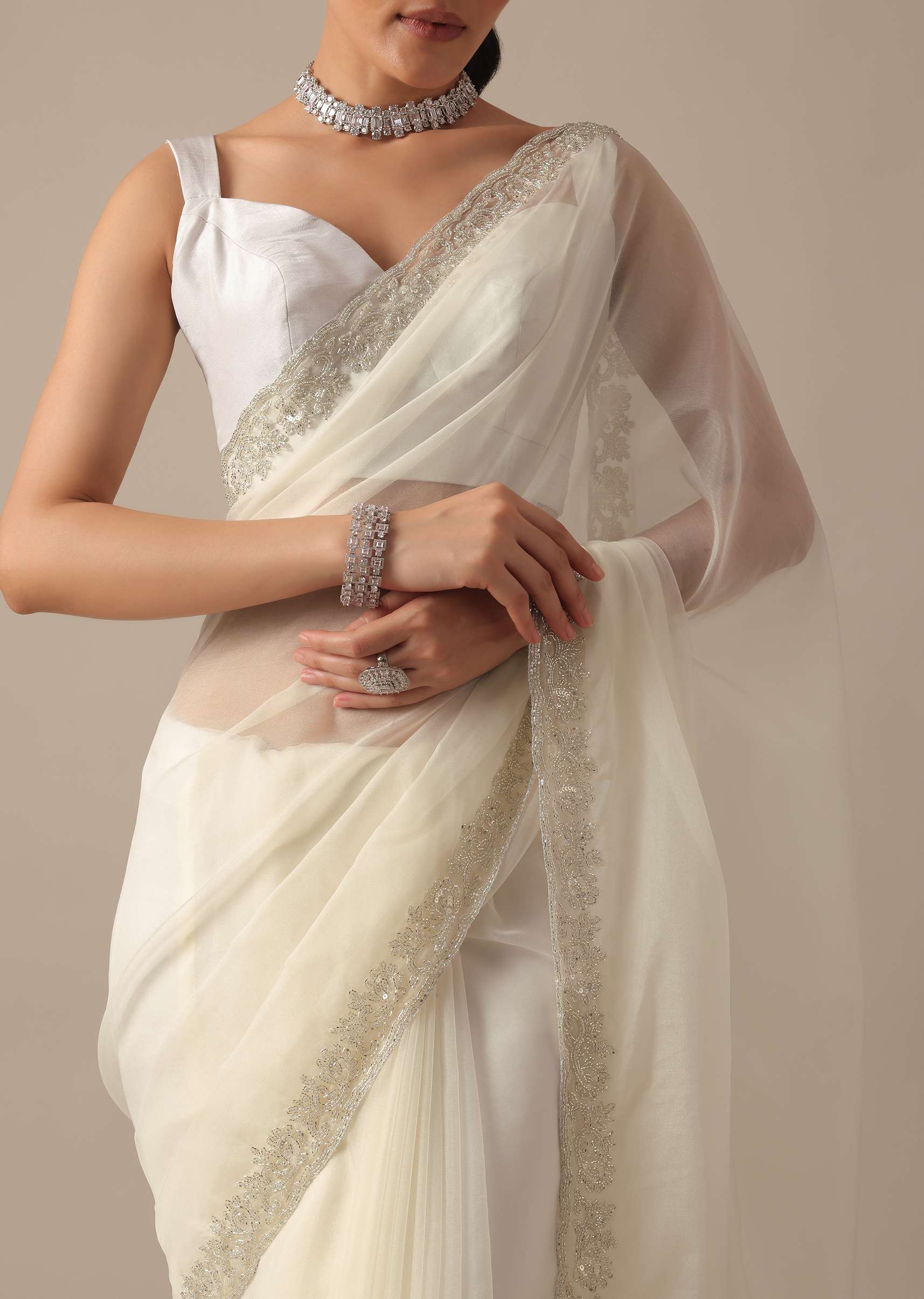 White Sheer Organza Saree With Scallop Cutwork And Unstitched Blouse Piece - Image 5