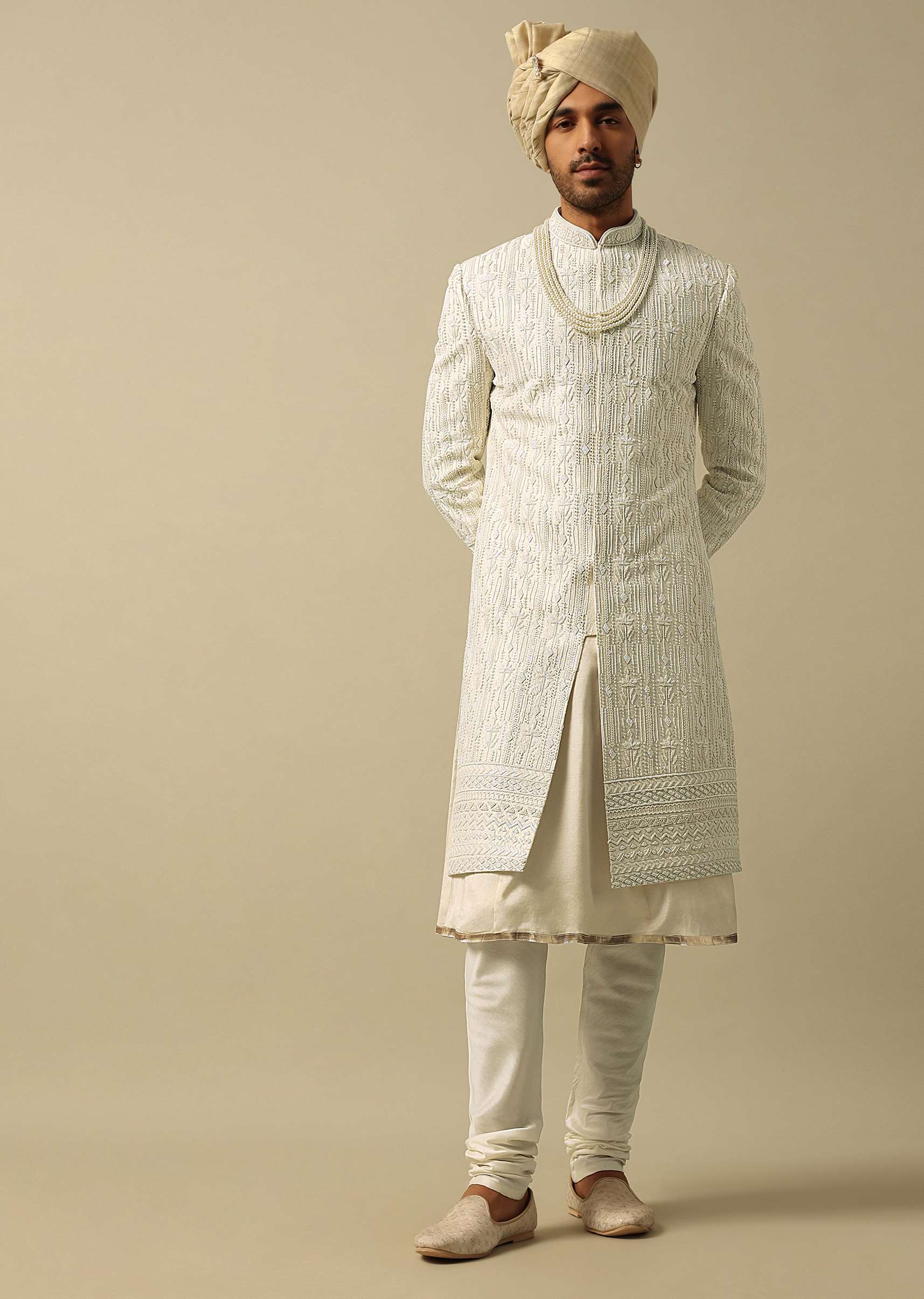 White Sherwani with Exquisite Heavy Embroidery - Image 3