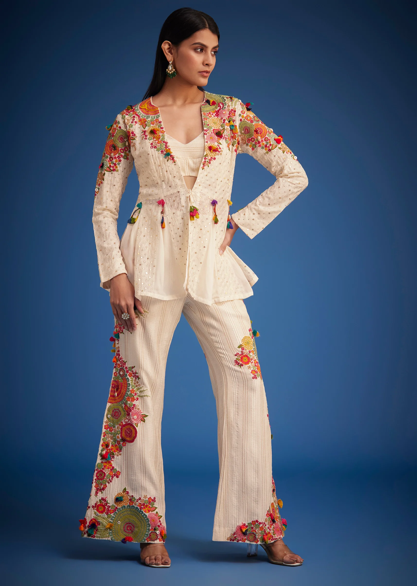 White Silk Embroidered Jacket Palazzo Set - Image 3