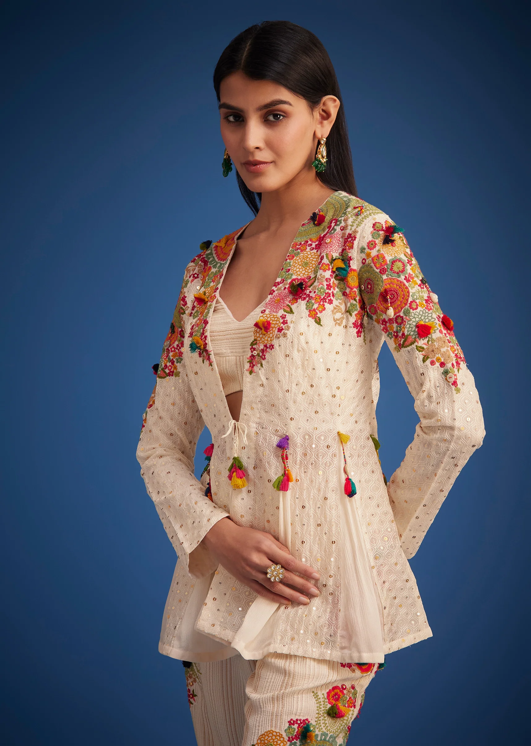 White Silk Embroidered Jacket Palazzo Set - Image 4
