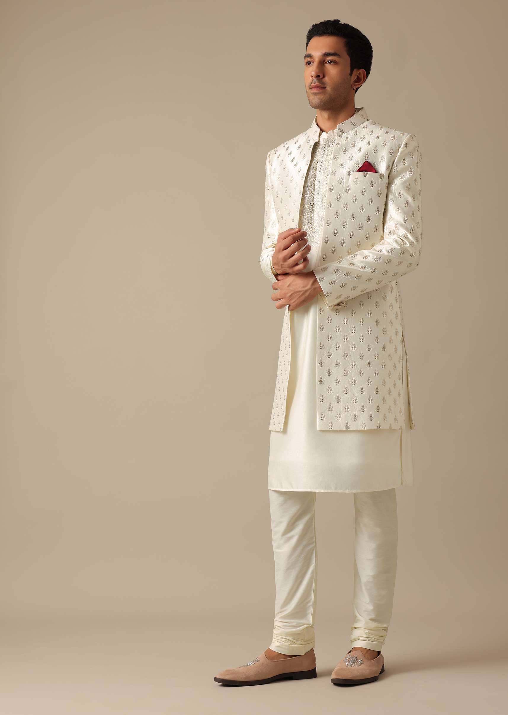 White Silk Embroidered Sherwani Set - Image 5