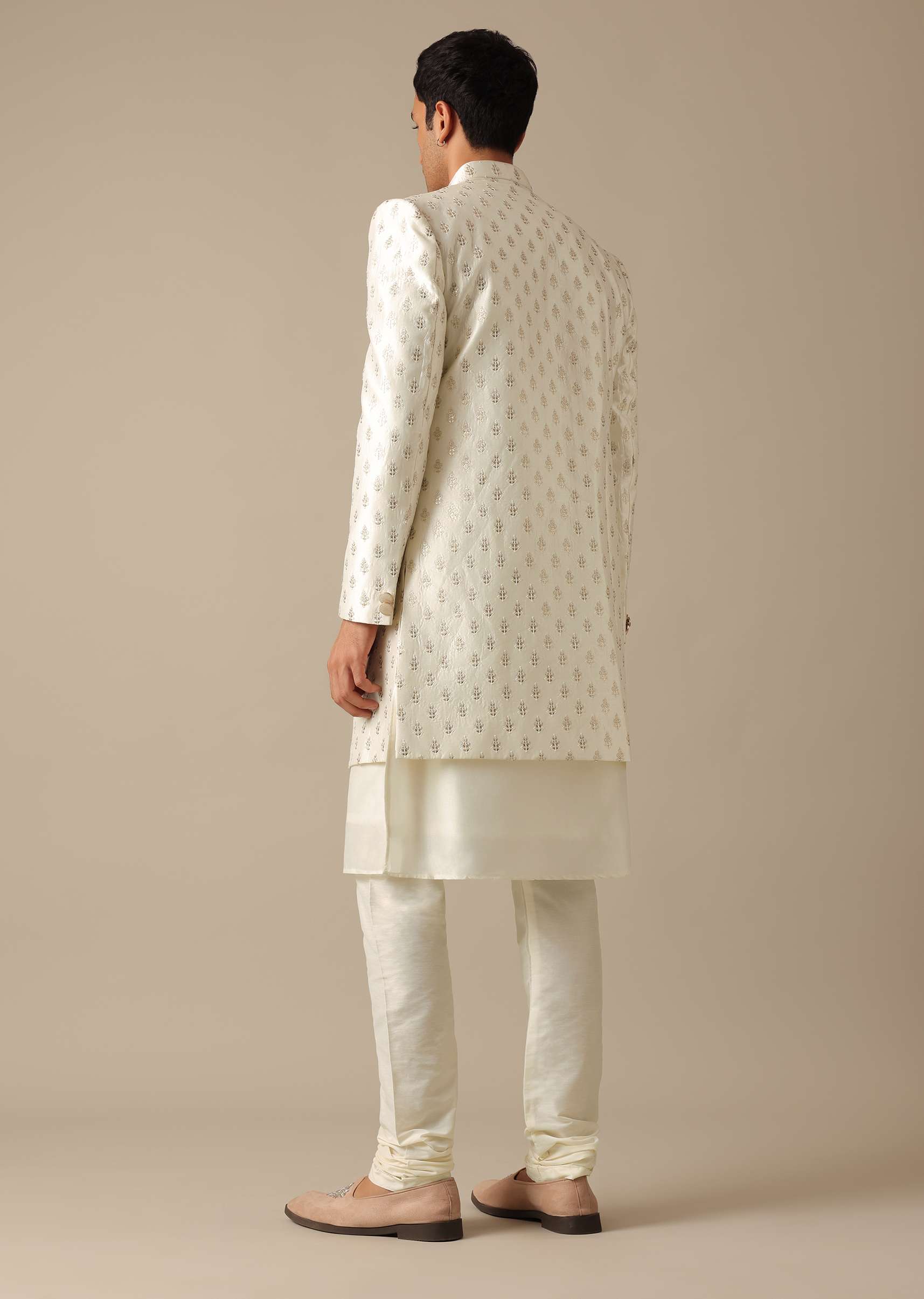 White Silk Embroidered Sherwani Set - Image 6
