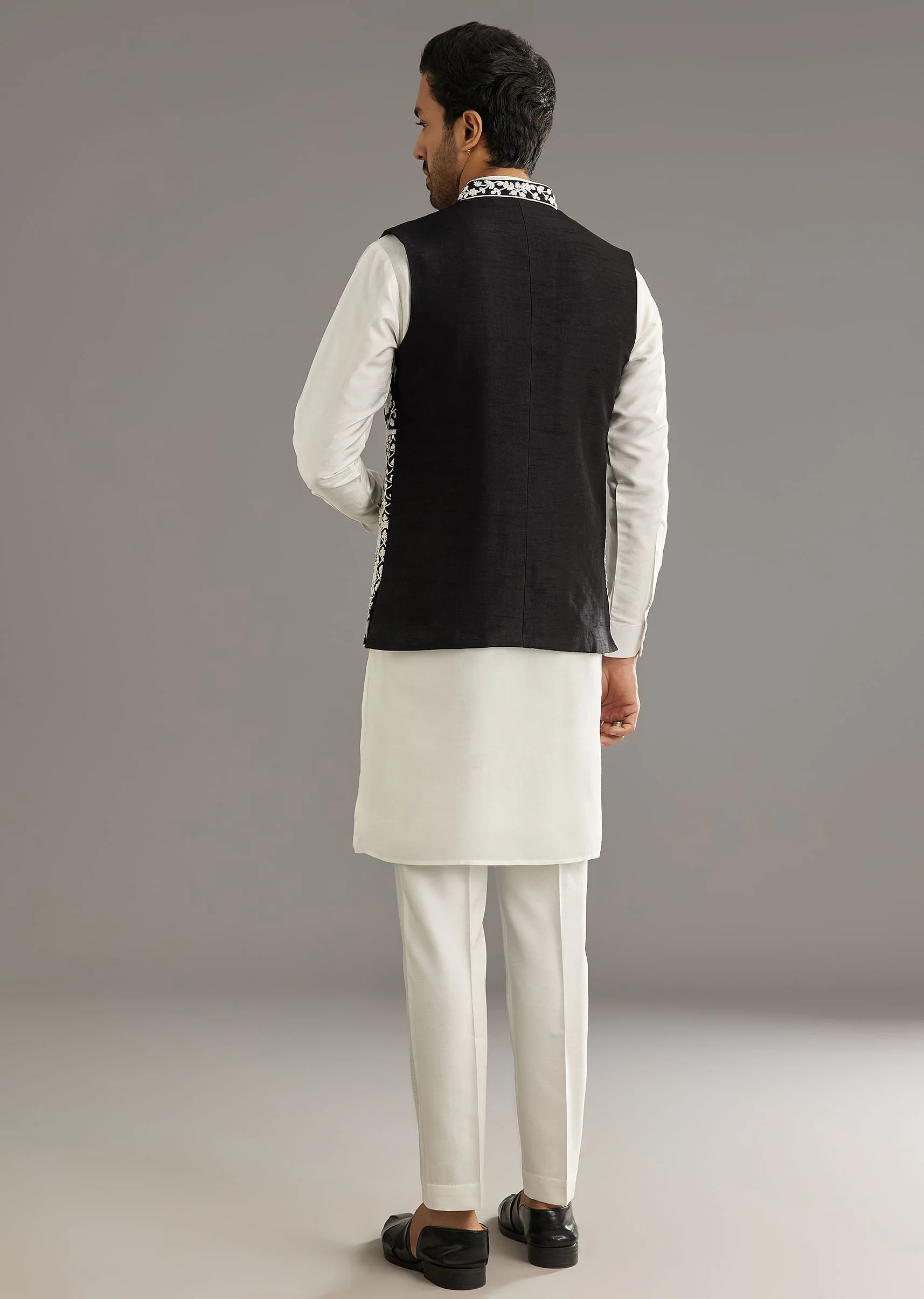 White Silk Kurta Set With Black Dori And Zardosi Jacket - Image 5
