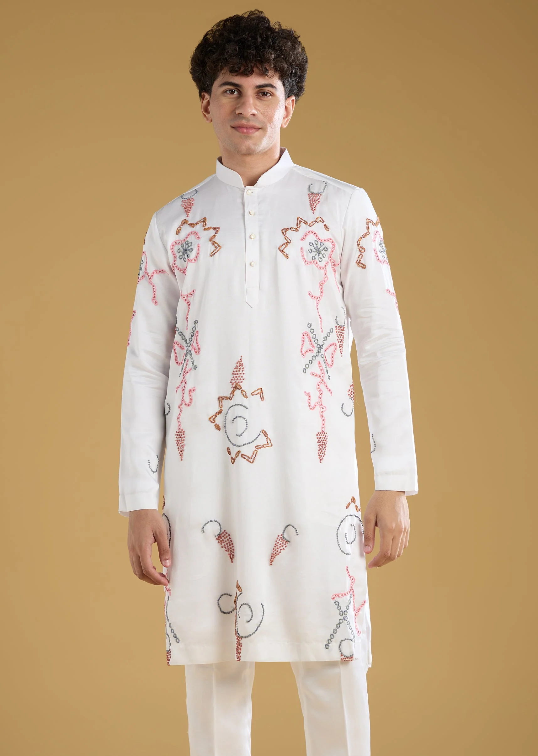White Silk Threadwork Kurta Set With Pink Hand Dyed Bandhani Dupatta - Image 6