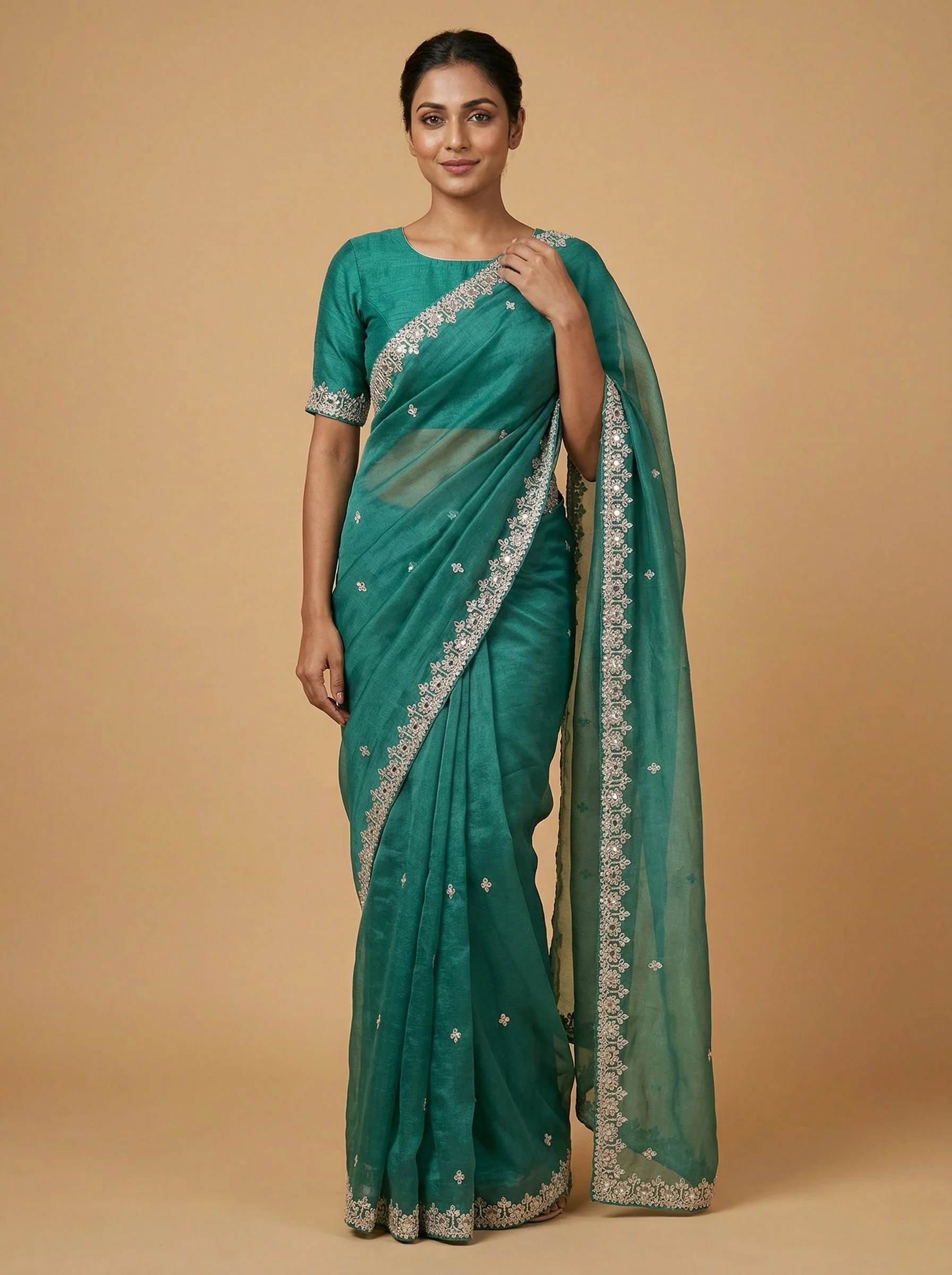 Willow Peacock Green Embroidered Saree