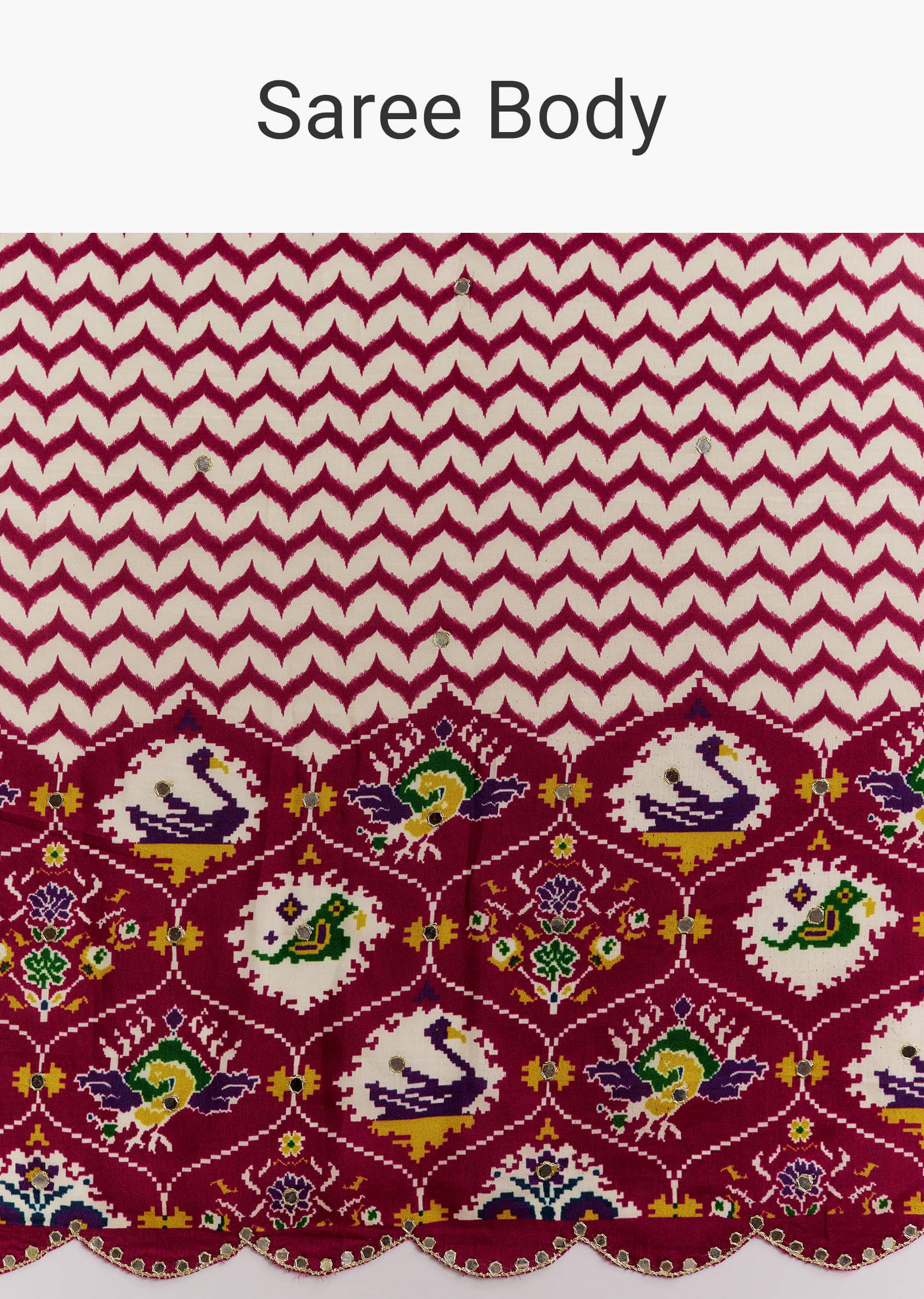 Wine And Off White Satin Saree With Ikat-Style Floral Birds Border - Image 9