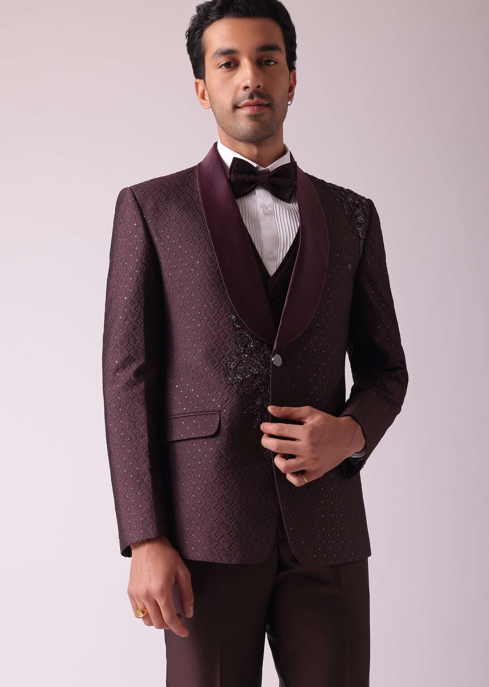 Wine Blazer And Pant Set In Terry Rayon Fabric - Image 4