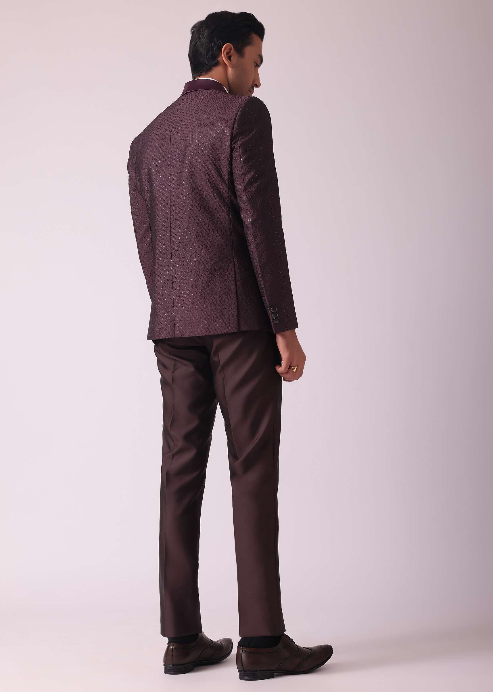 Wine Blazer And Pant Set In Terry Rayon Fabric - Image 6