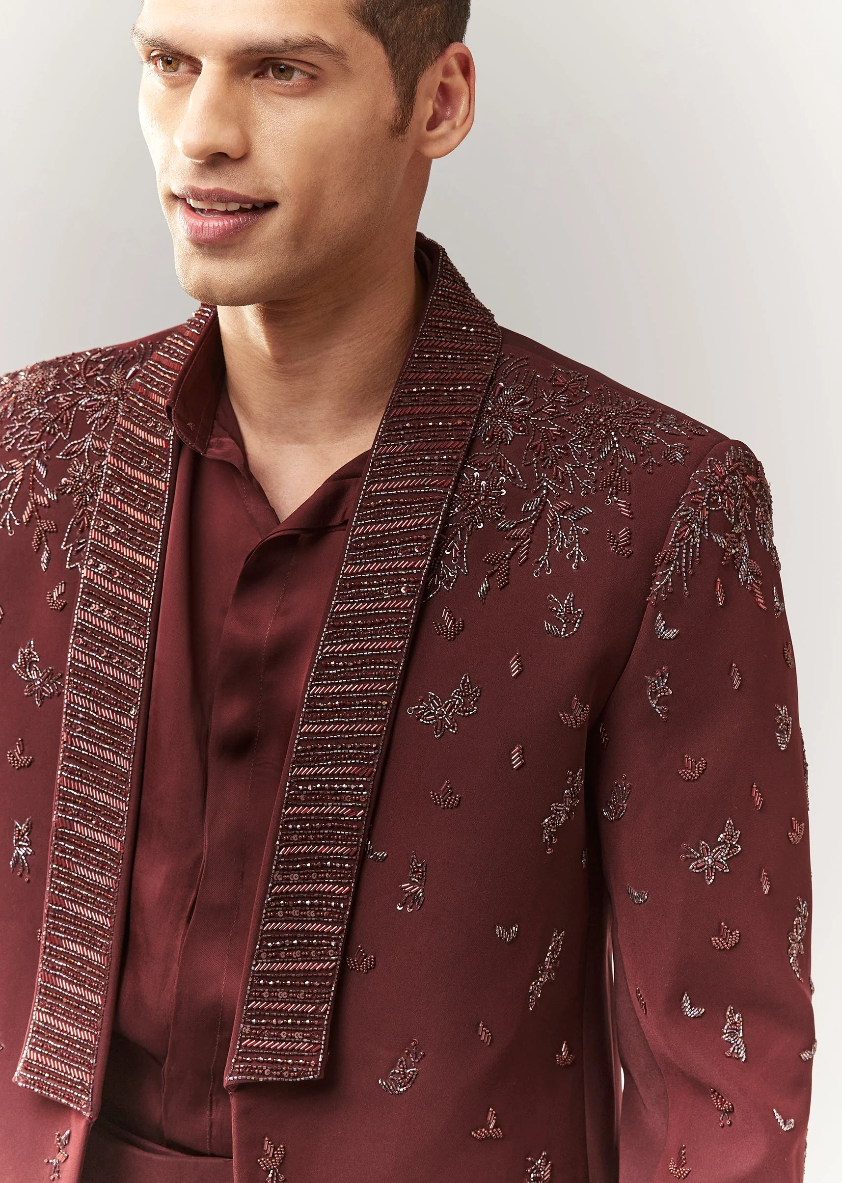 Wine Blazer Set With Hand Embroidery And Linen Shirt - Image 2