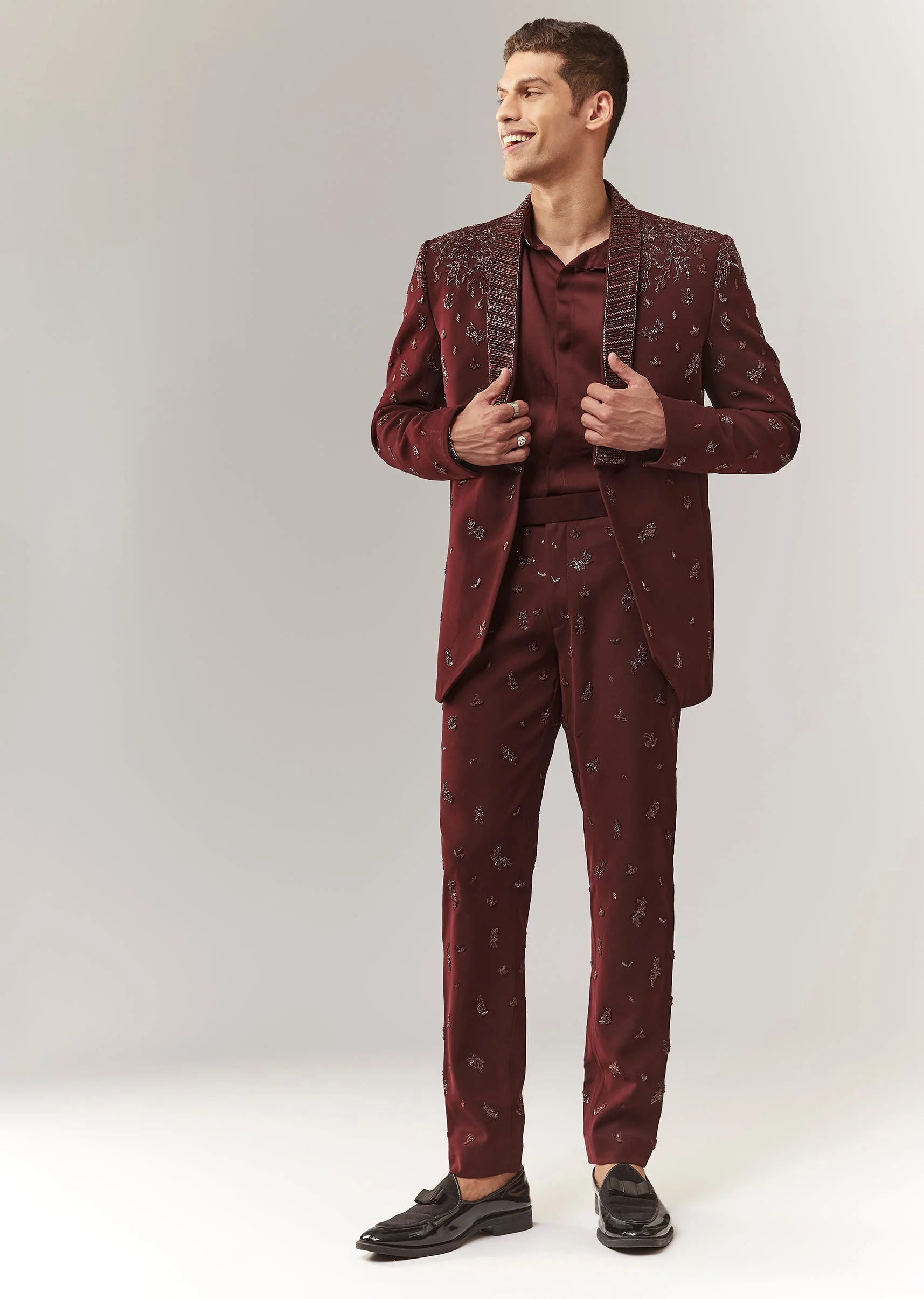 Wine Blazer Set With Hand Embroidery And Linen Shirt - Image 3
