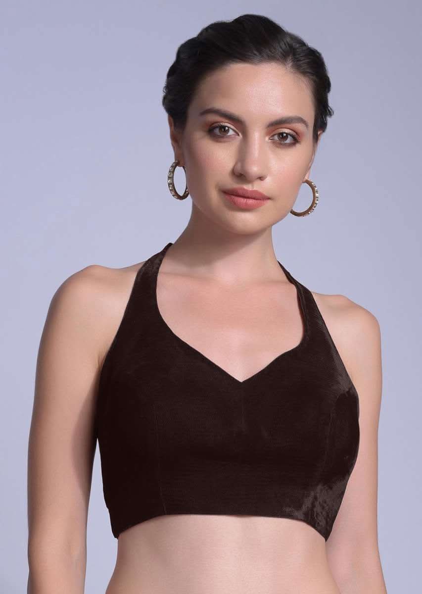 Wine Blouse In Velvet With Halter Straps And Sweetheart Neckline - Image 13