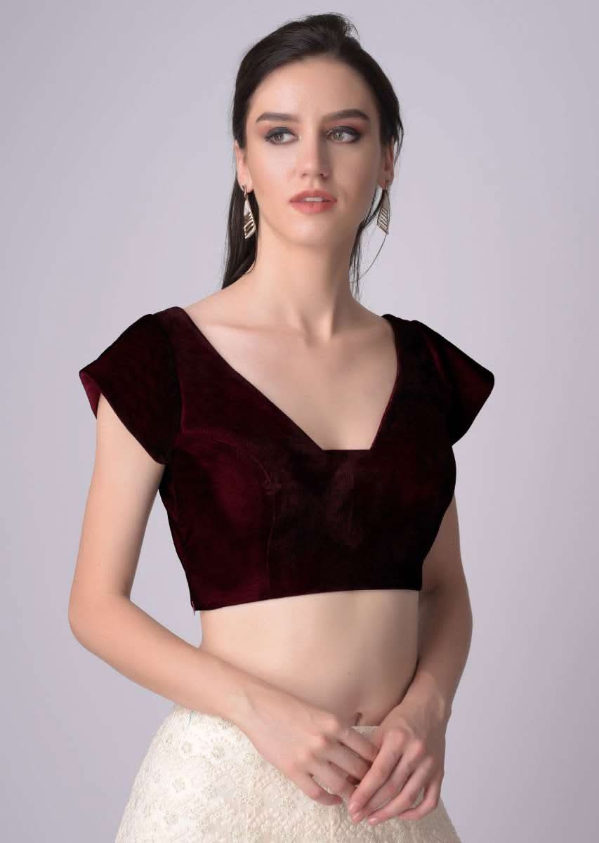Wine Blouse In Velvet With Trapeze Neckline - Image 2