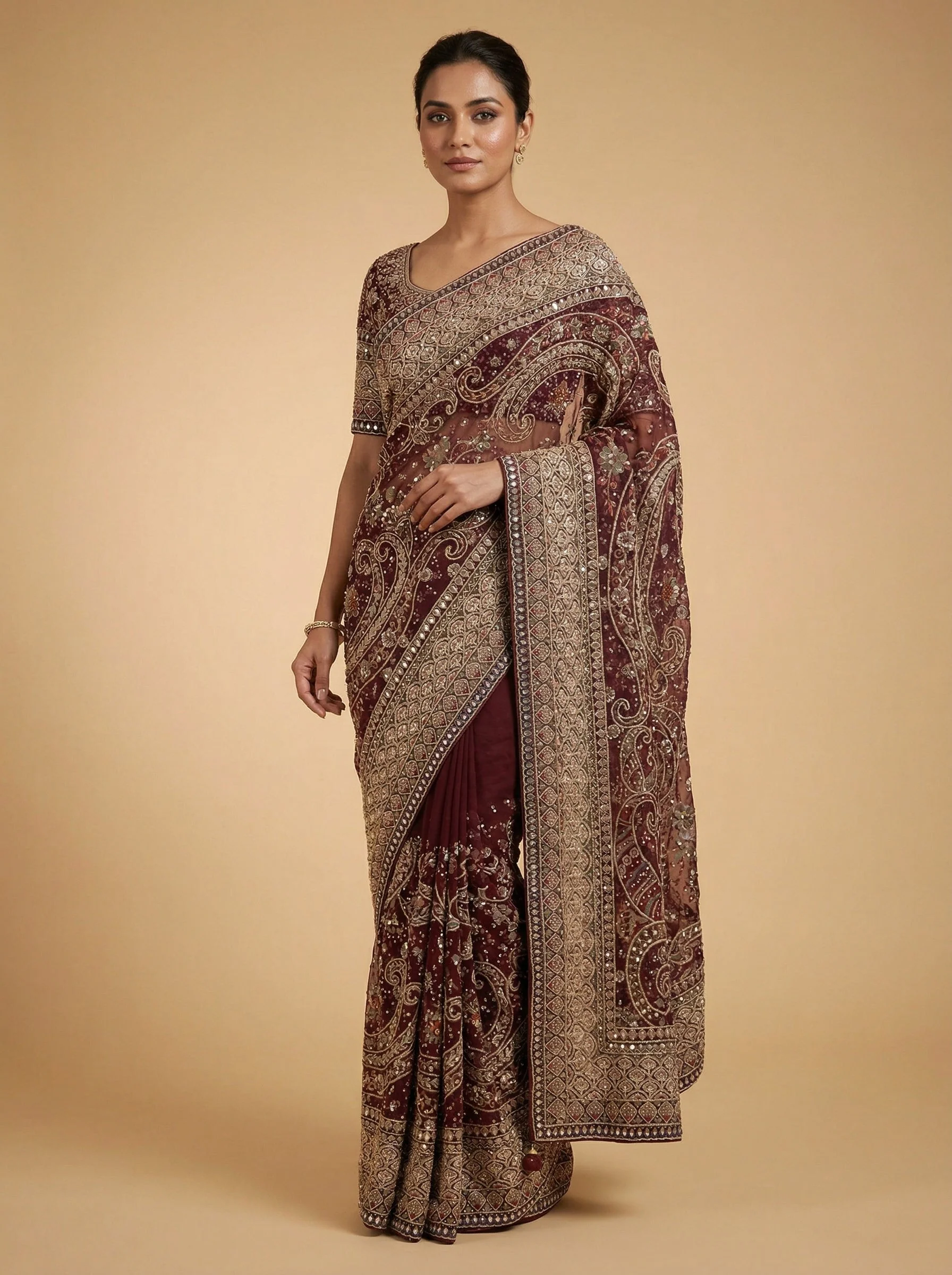 Wine Burnished Embroidered Saree