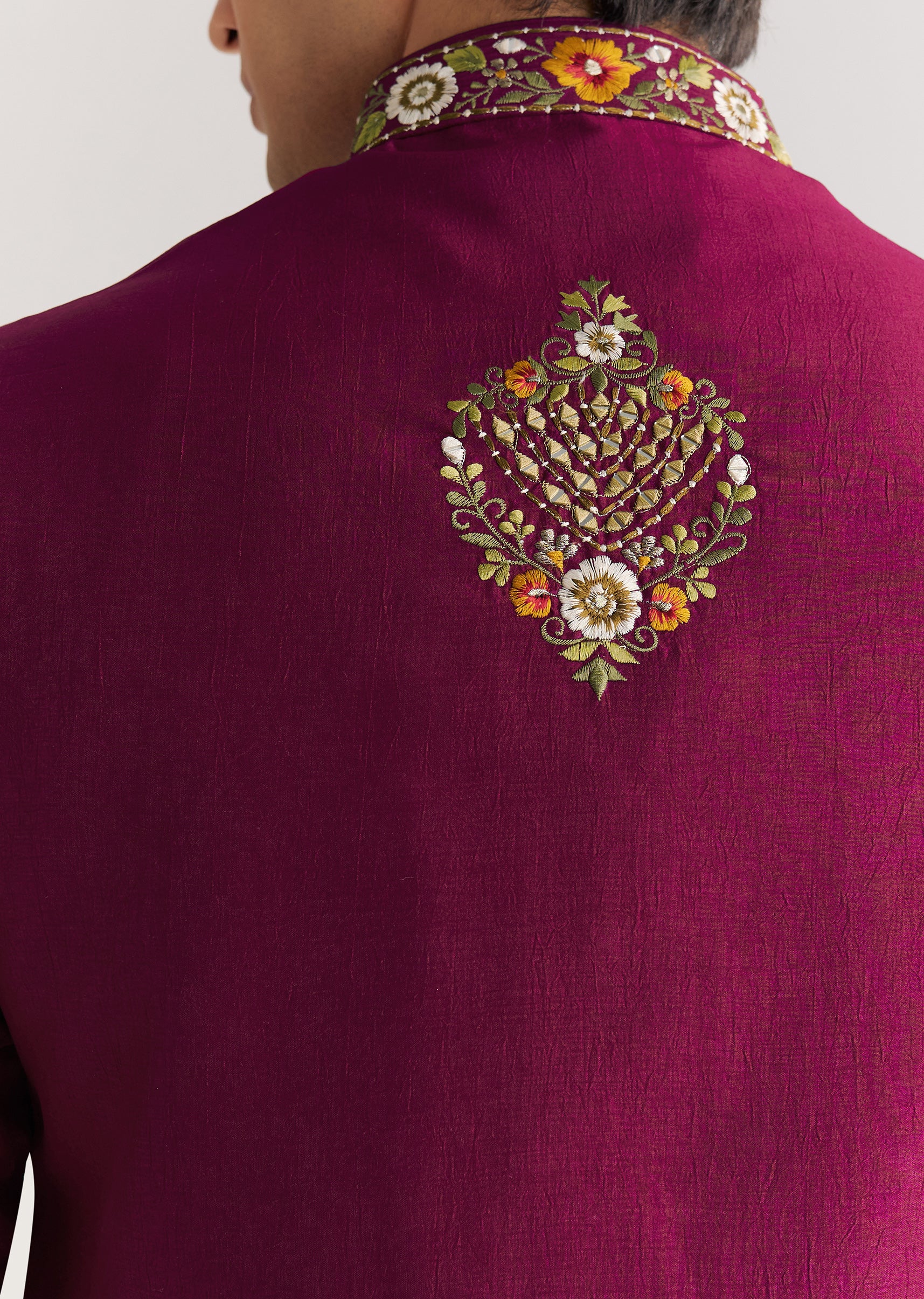 Wine Cotton Silk Kurta Set With Embroidered Lapel Jacket - Image 6
