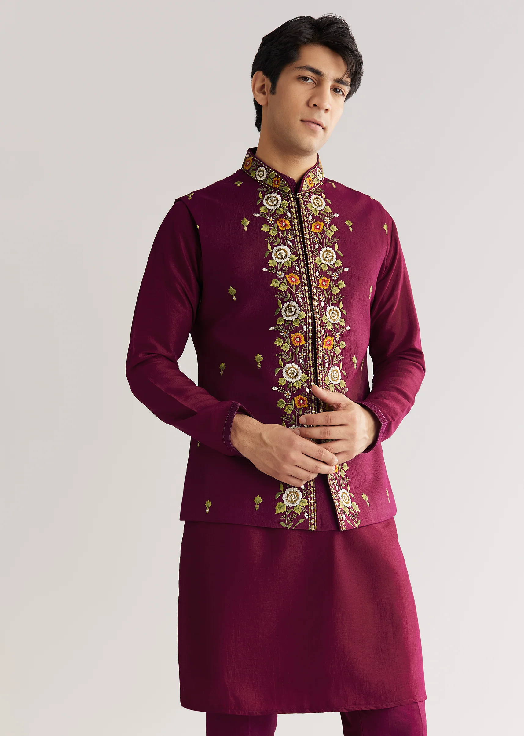 Wine Cotton Silk Kurta Set With Embroidered Lapel Jacket - Image 7