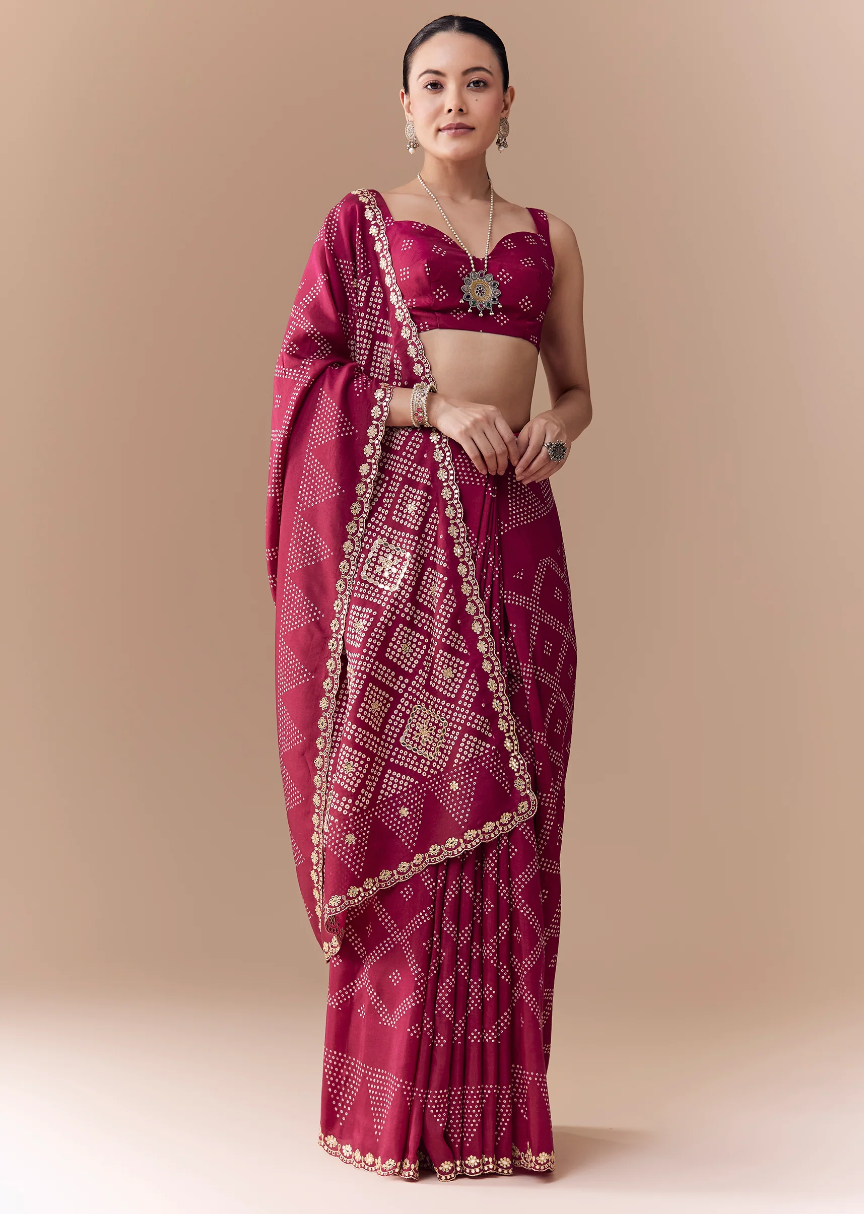 Wine Crepe Bandhani Print Saree with Blouse Fabric