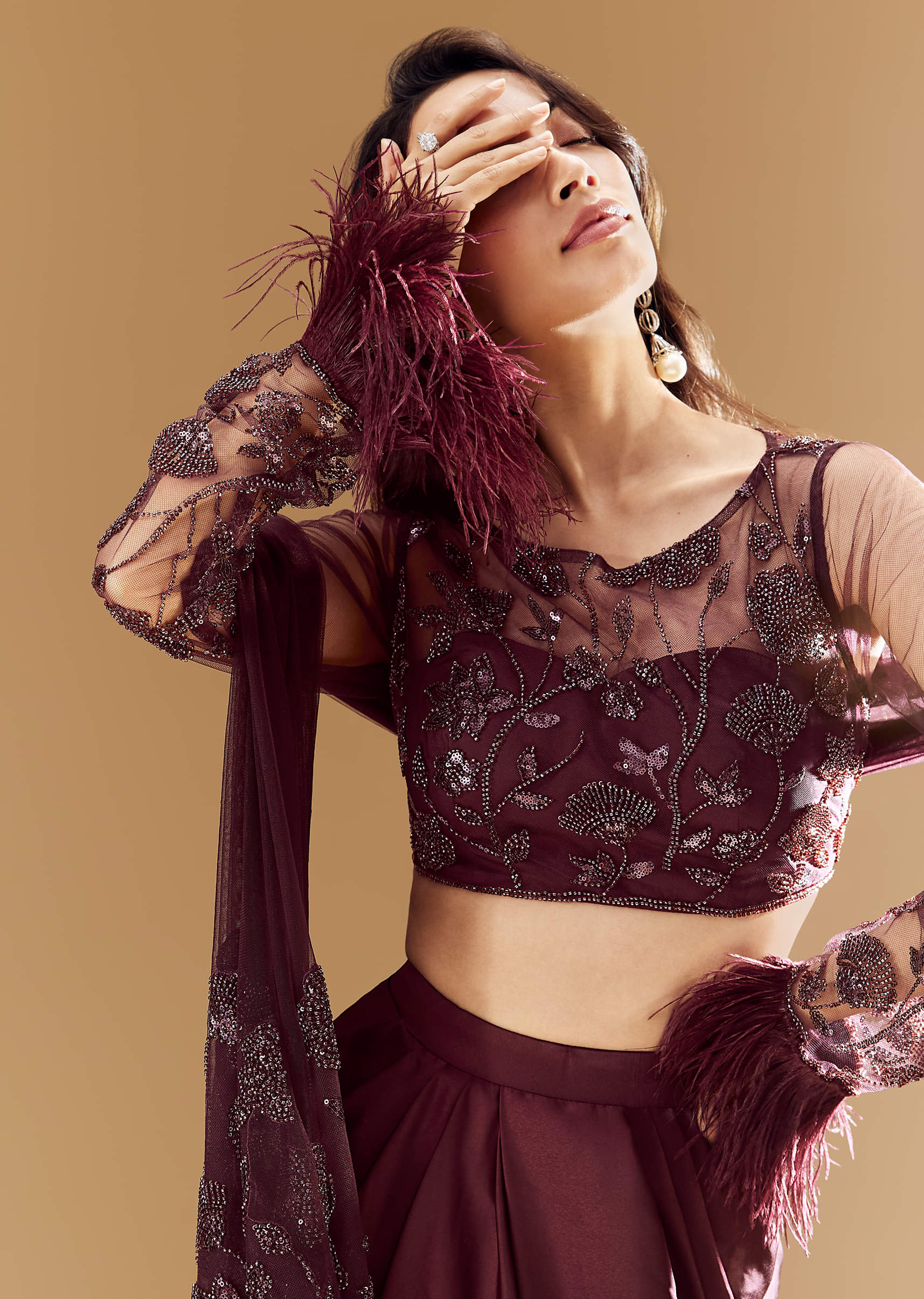 Wine Crop Top Skirt Set with Dupatta - Image 3