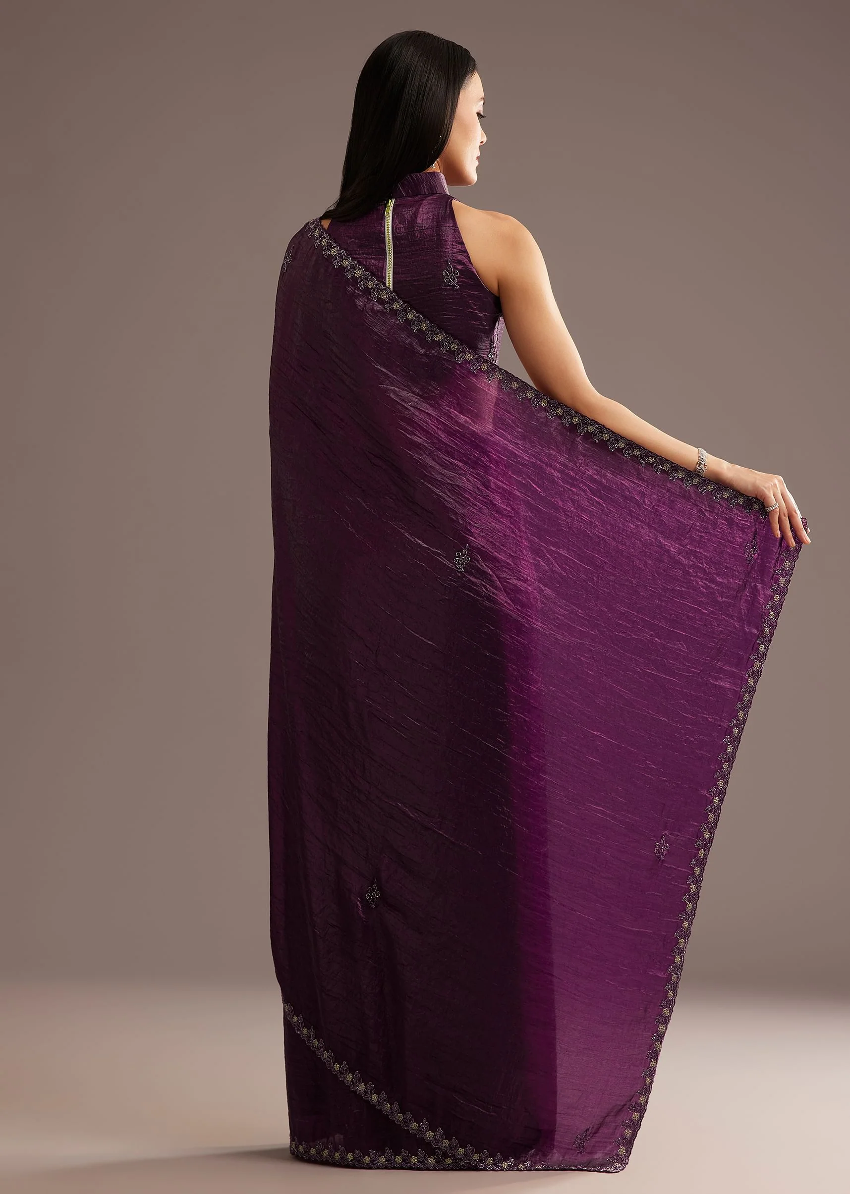 Wine Crushed Tissue Silk Saree With Cutdana Scallop Border - Image 6
