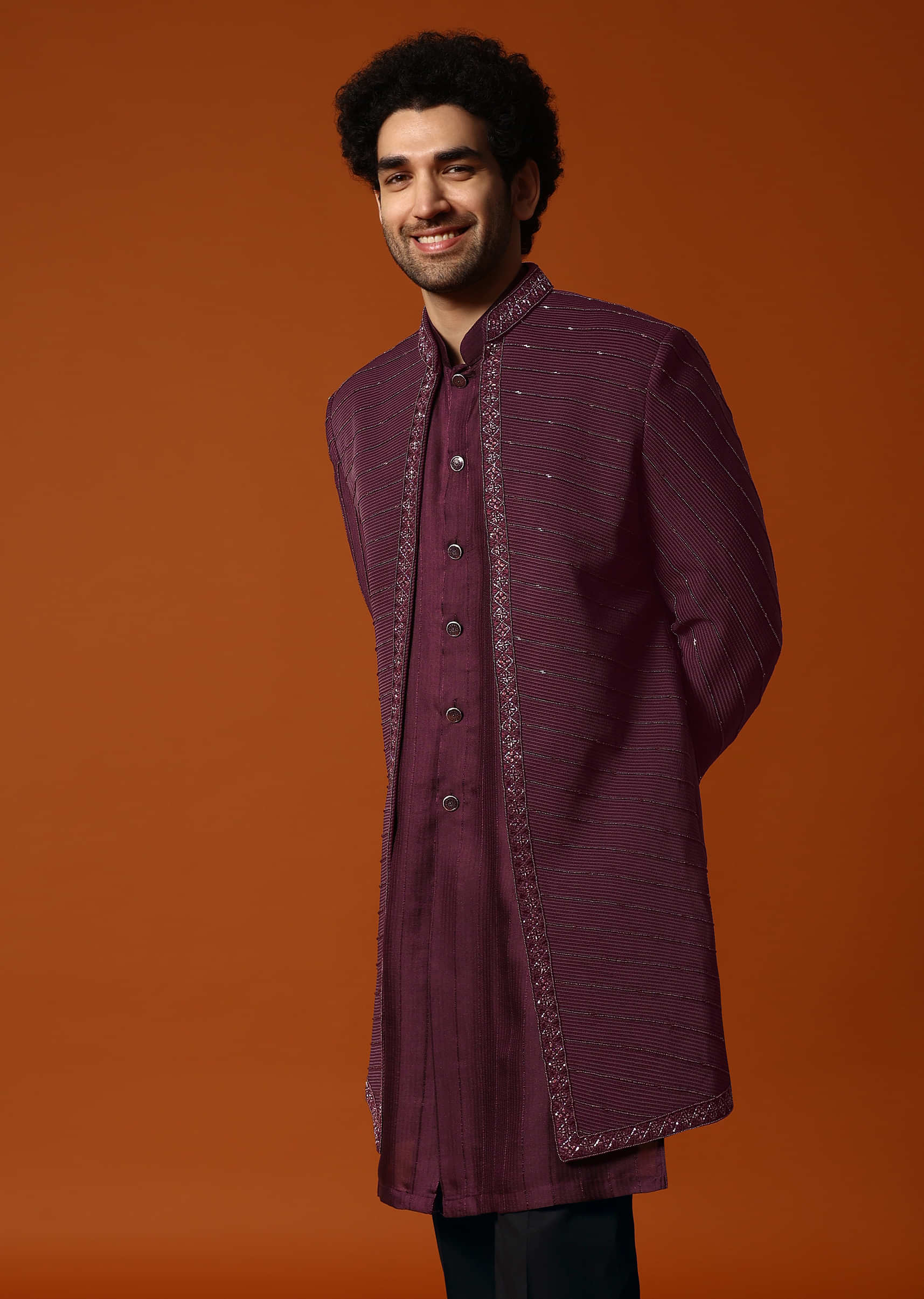 Wine Cutdana Embroidered Sherwani Set For Men - Image 3
