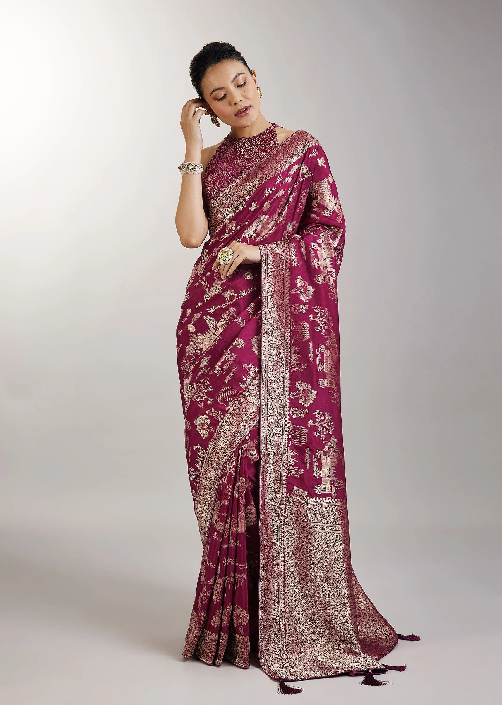 Wine Dola Silk Jungla Jaal Saree