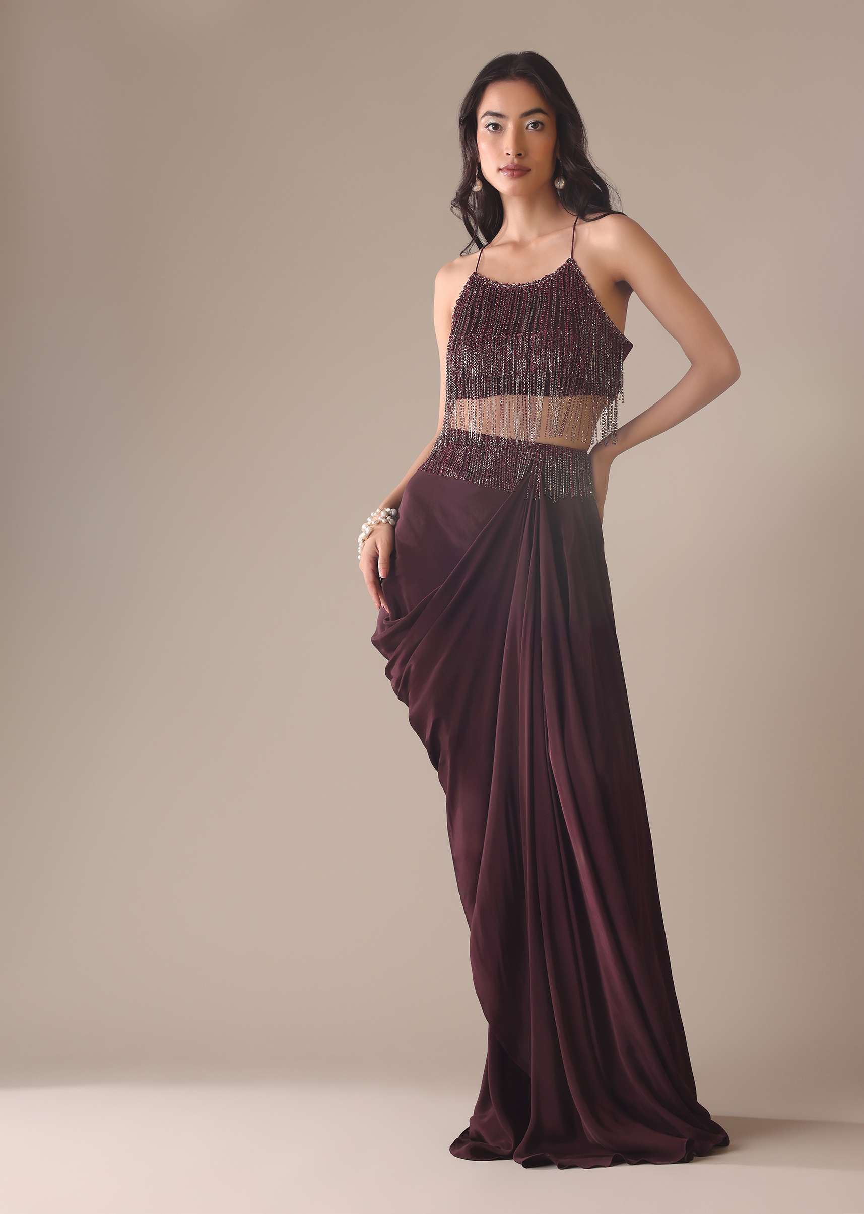 Wine Embroidered Drape Skirt And Blouse Set In Crepe - Image 6