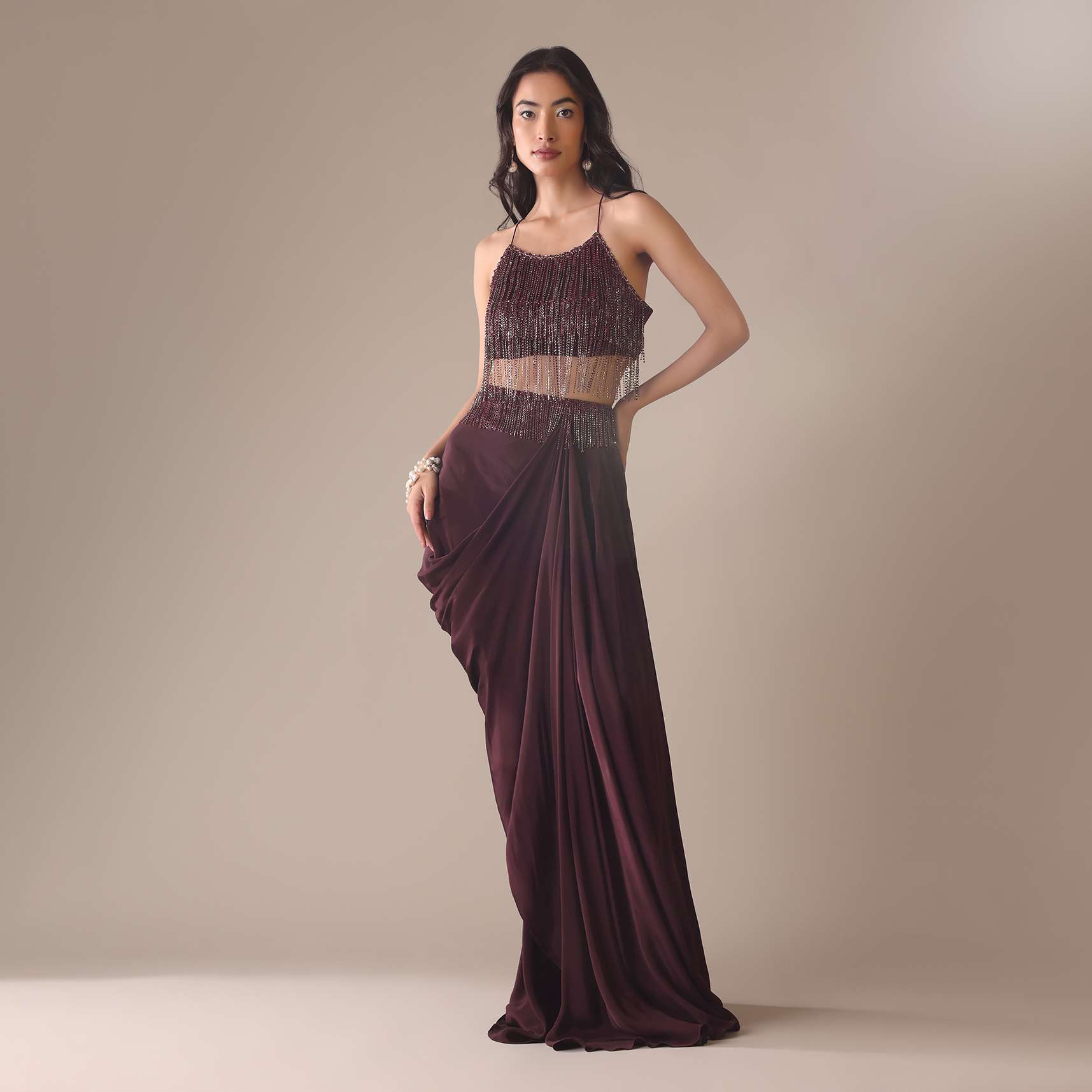 Wine Embroidered Drape Skirt And Blouse Set In Crepe - Image 7