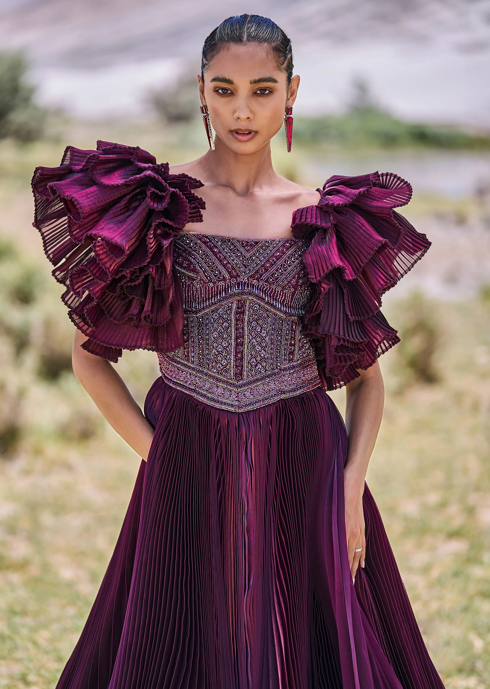 Wine Embroidered Flared Pleated Gown With Ruffle Sleeves - Image 4