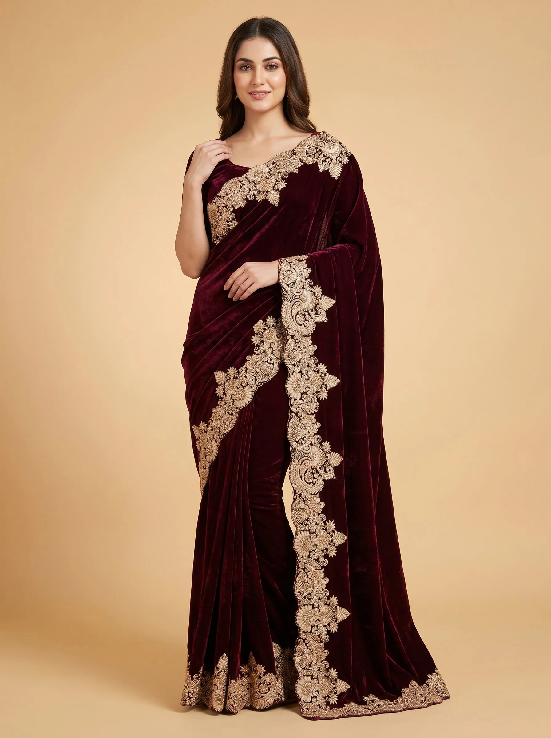Wine Embroidered Saree with Velvet Finish