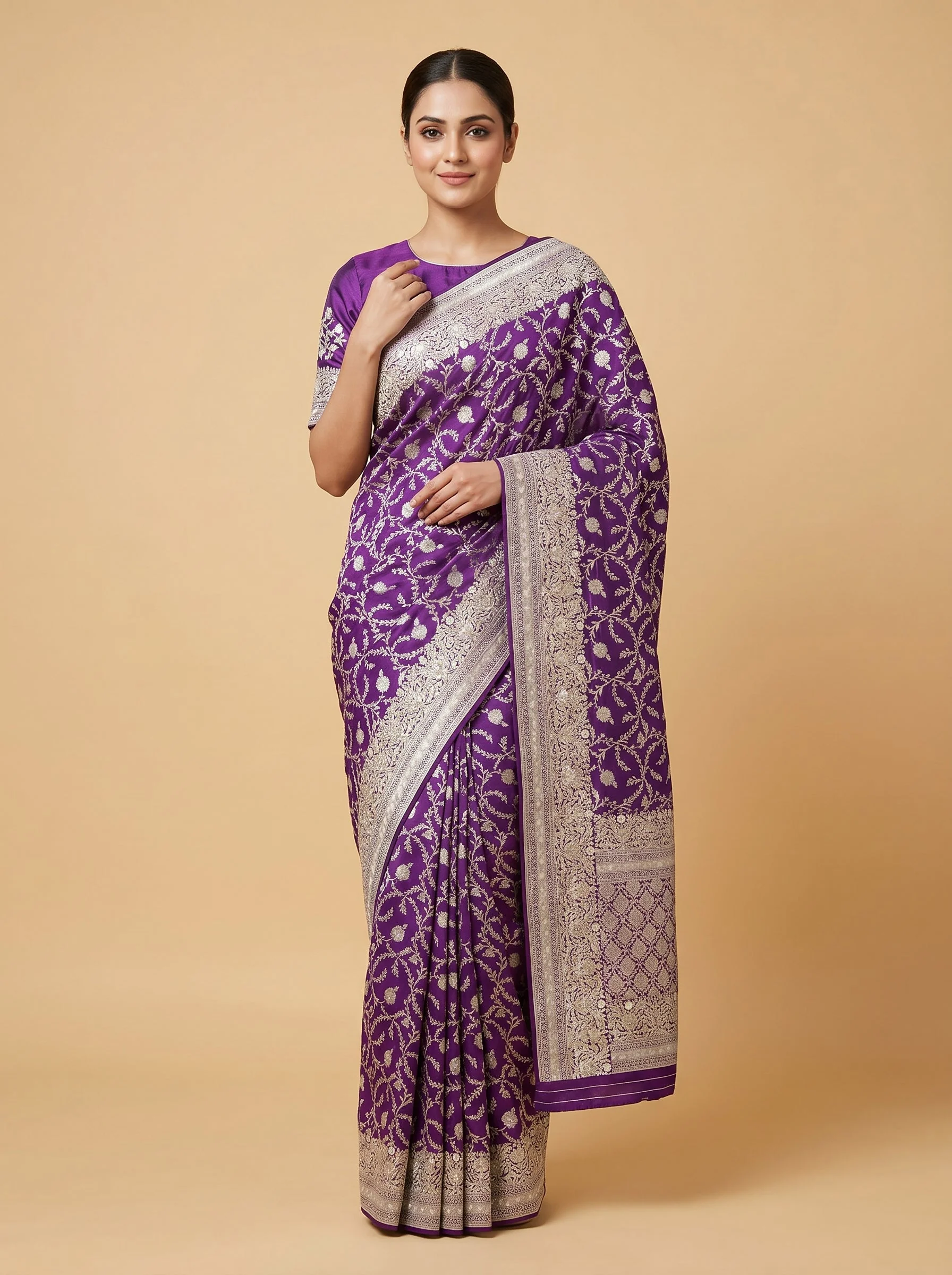 Wine embroidered saree with zari border
