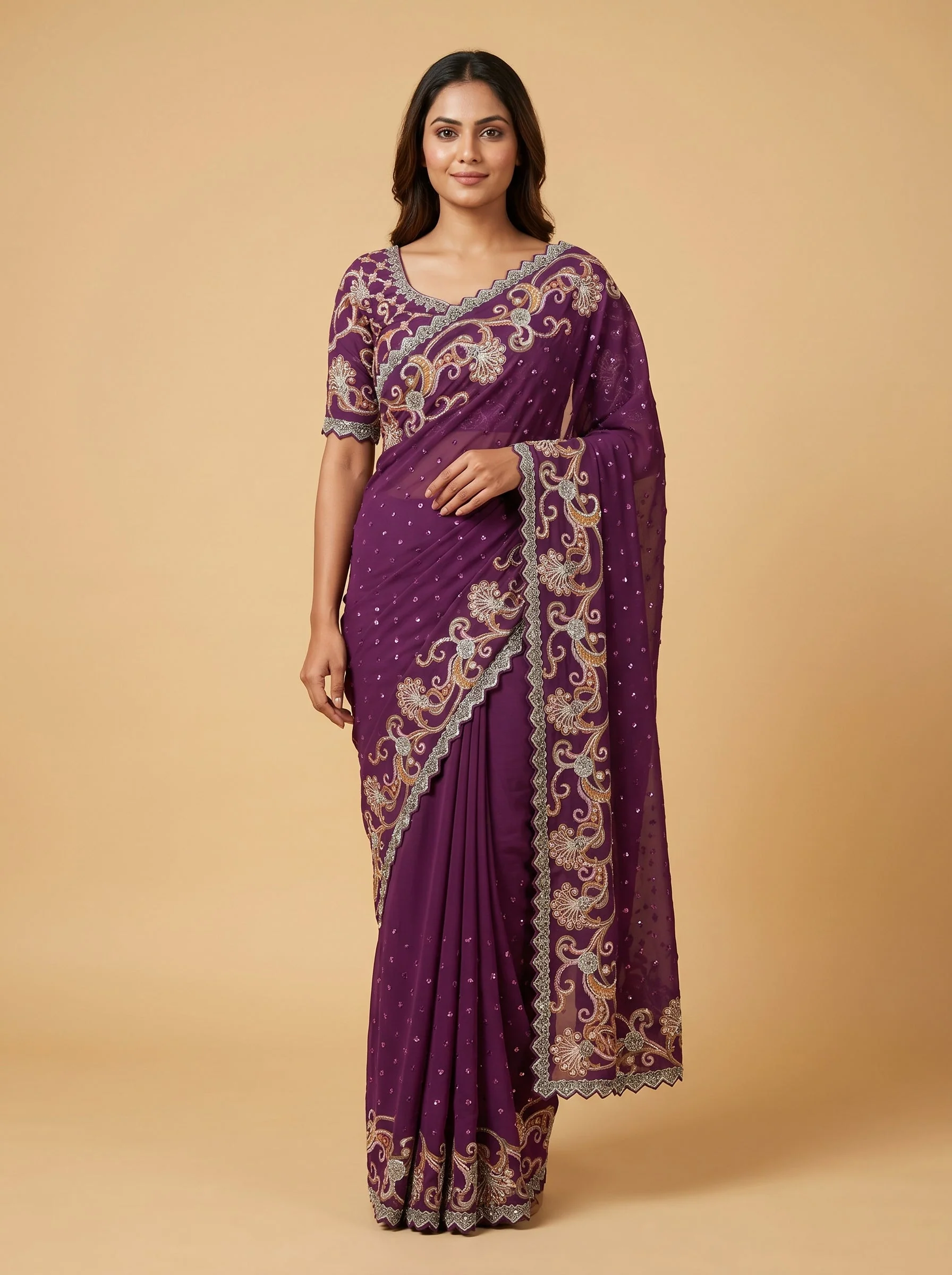 Wine embroidered saree with zari work