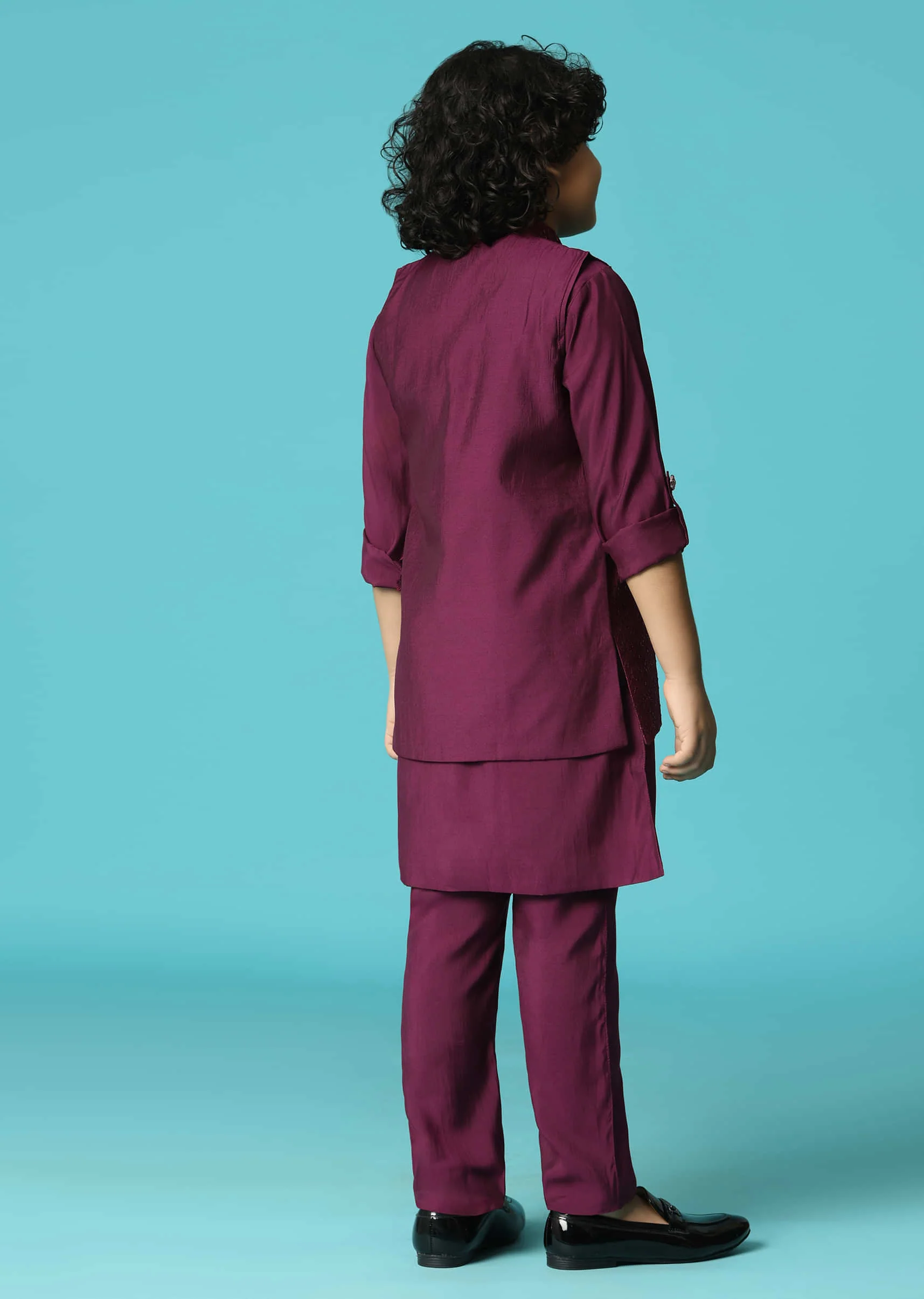 Wine Embroidered Silk Kurta Jacket Set For Boys - Image 5