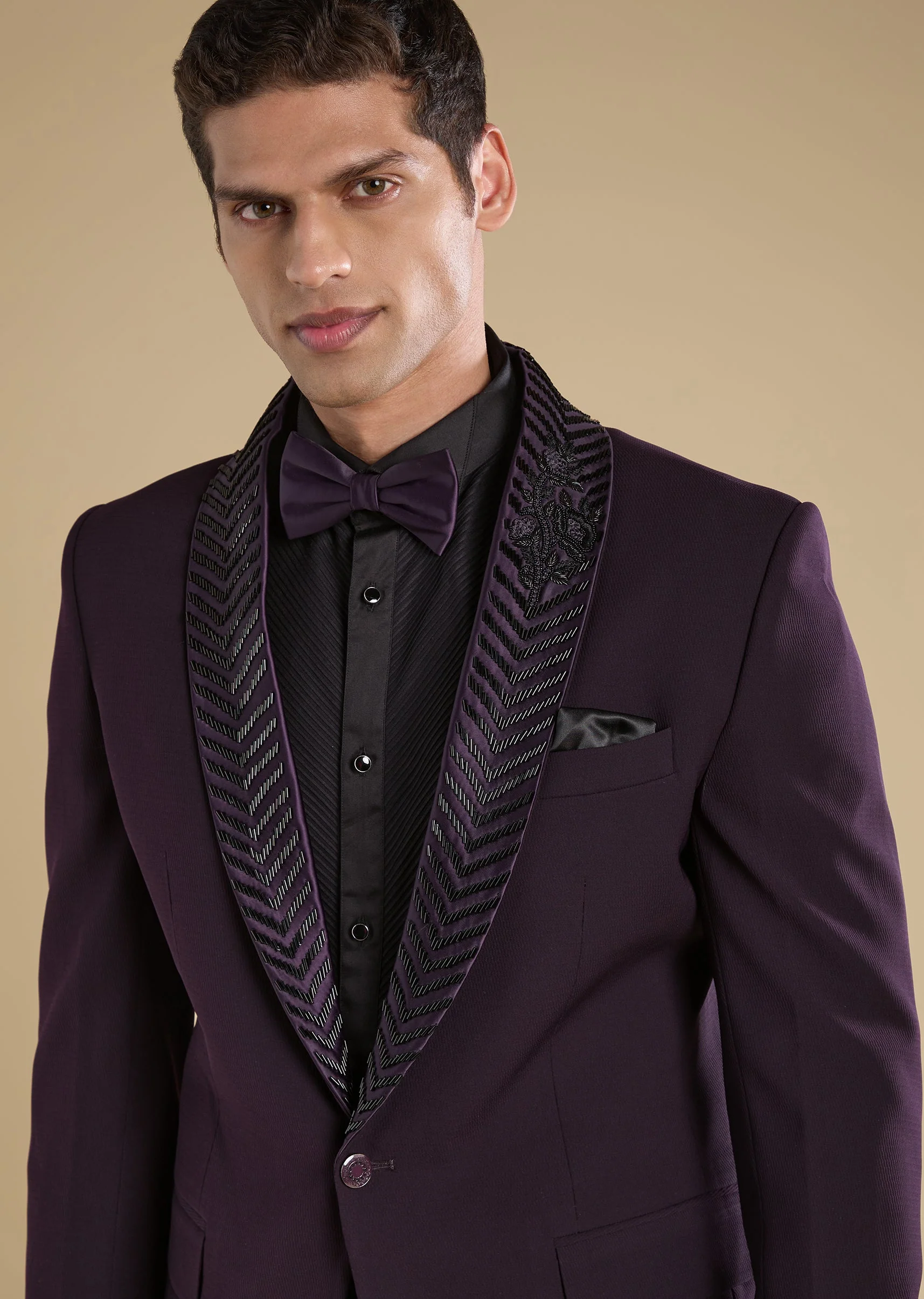 Wine Embroidered Tuxedo Set With Bow Shirt And Trousers - Image 2